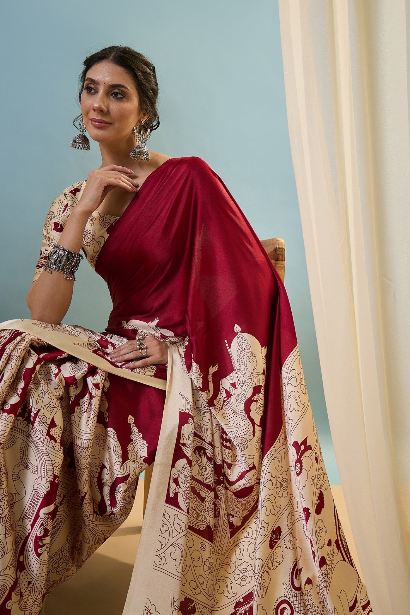 MySilkLove Berry Red Ajrakh Printed Satin Crepe Silk Saree