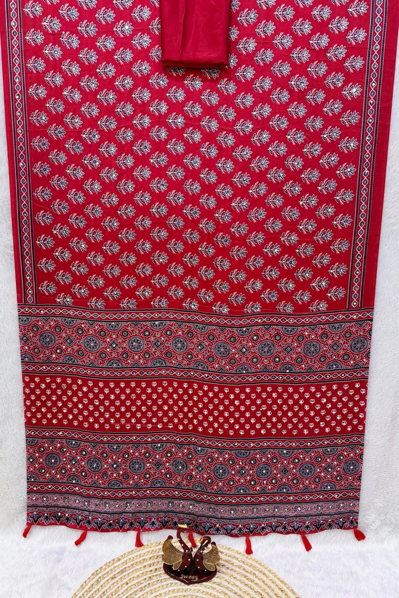 Buy MySilkLove Royal Purple Mirror Work Ajrakh Printed Saree Online