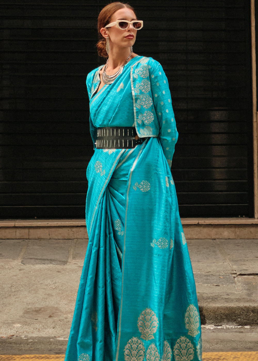 Buy MySilkLove Pacific Blue Woven Banarasi Satin Silk Saree Online