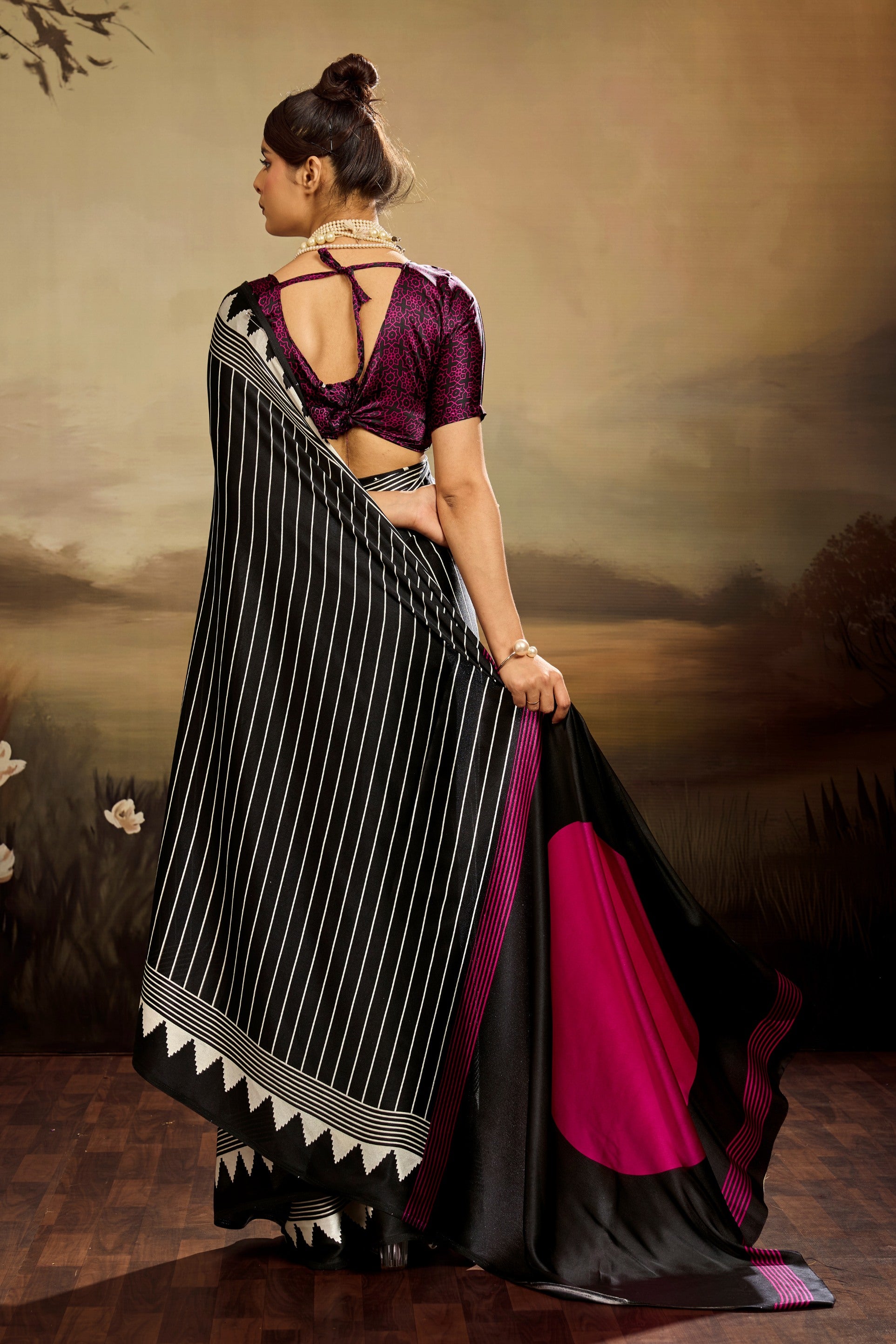 Buy MySilkLove Spectra Black Ajrakh Printed Satin Crepe Silk Saree Online