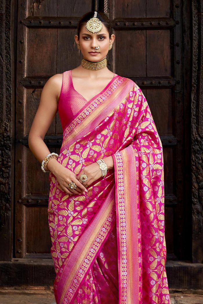 Buy MySilkLove Hibiscus Pink Woven Banarasi Saree Online