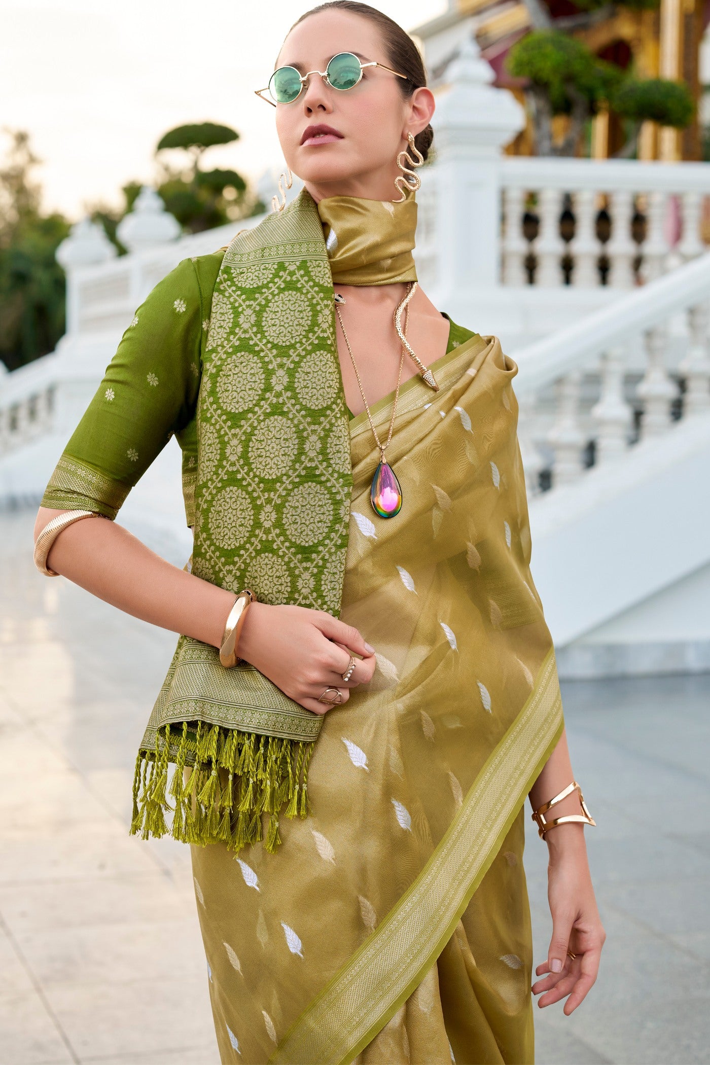 Buy MySilkLove Husk Green Tissue Silk Saree Online