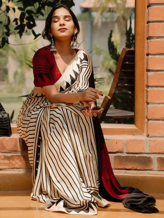 MySilkLove Pearl White and Black Ajrakh Printed Satin Crepe Silk Saree