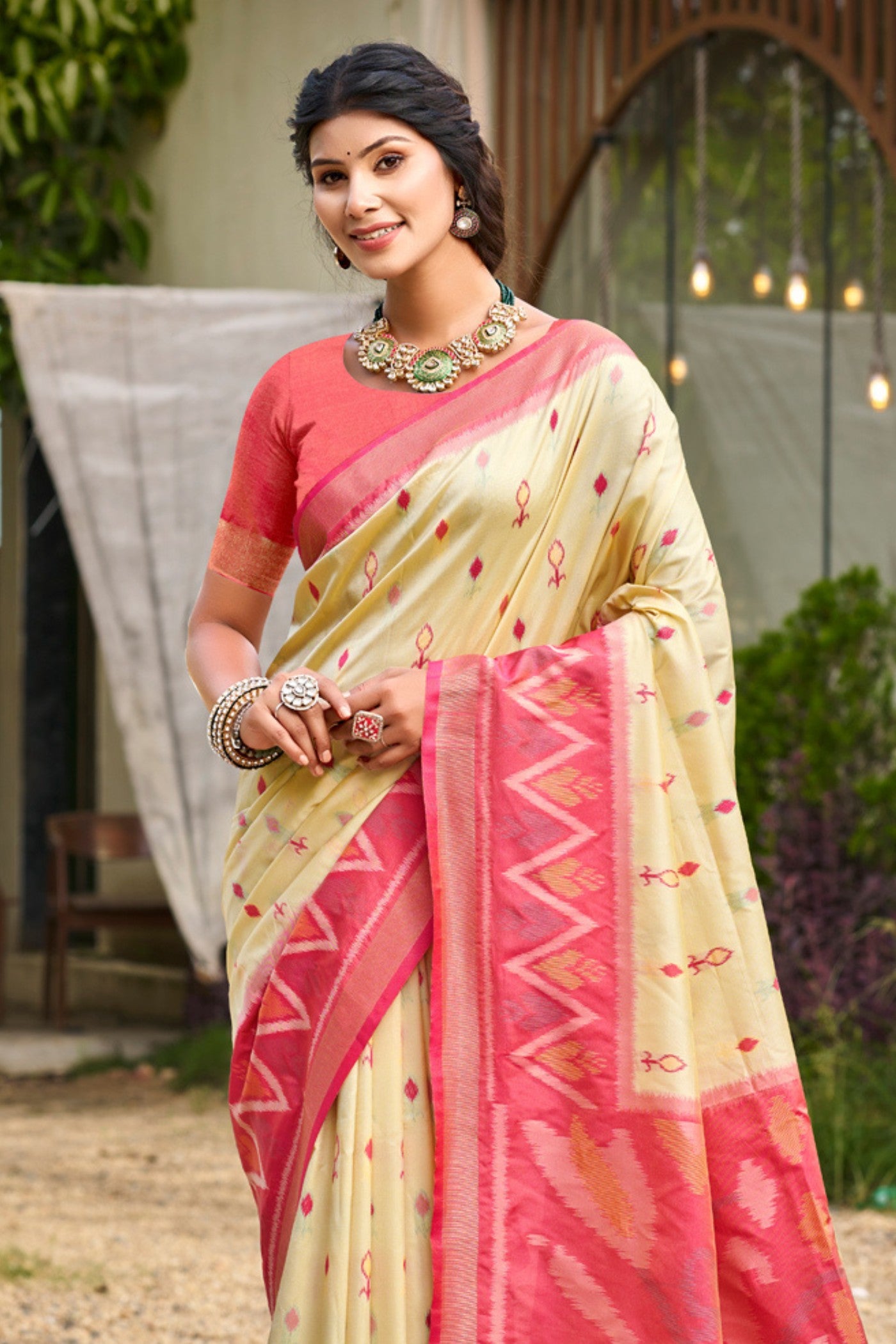 Buy MySilkLove Latte Cream Ikkat Soft Silk Saree Online