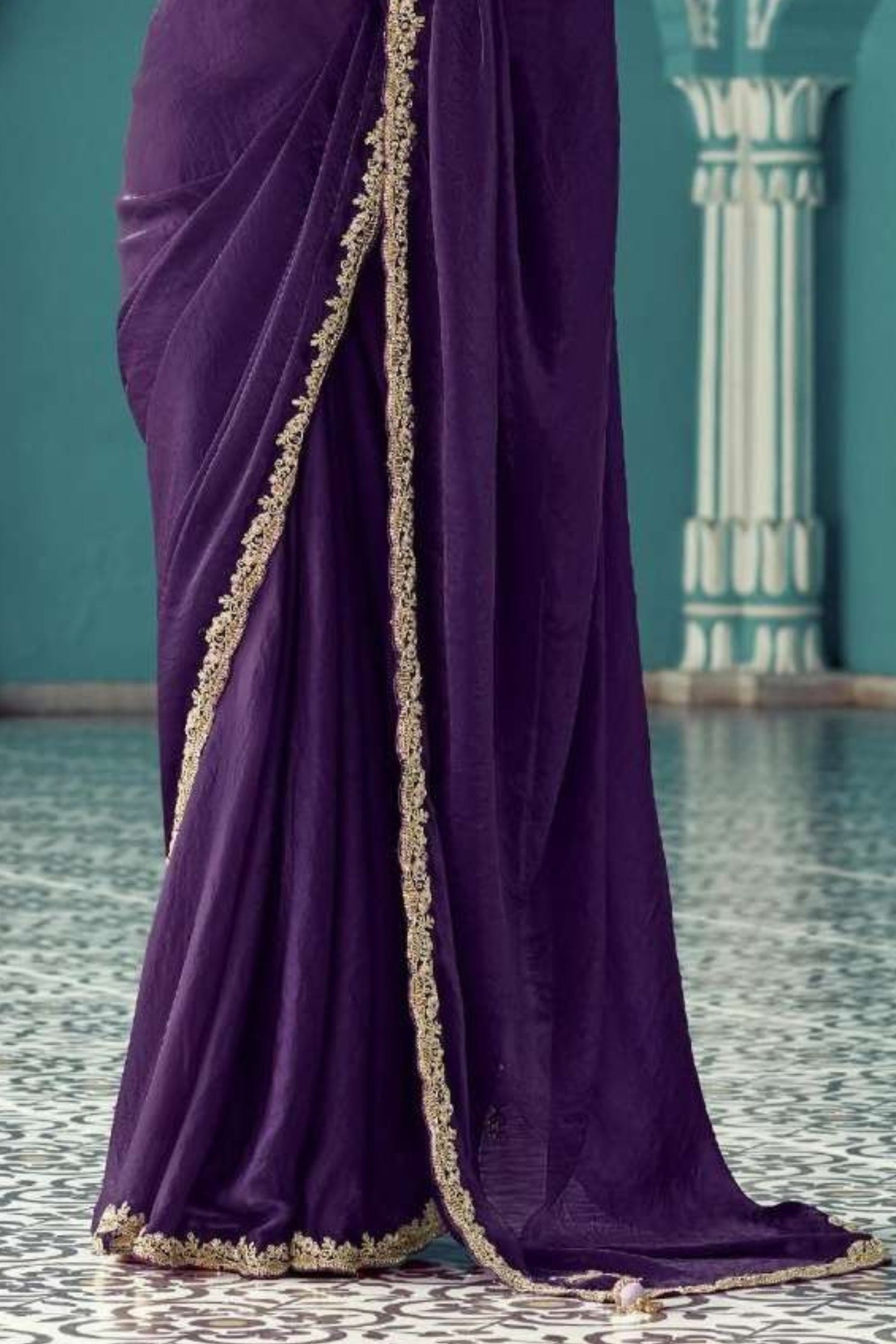 Buy MySilkLove Ebony Purple Embroidered Tissue Designer Saree Online