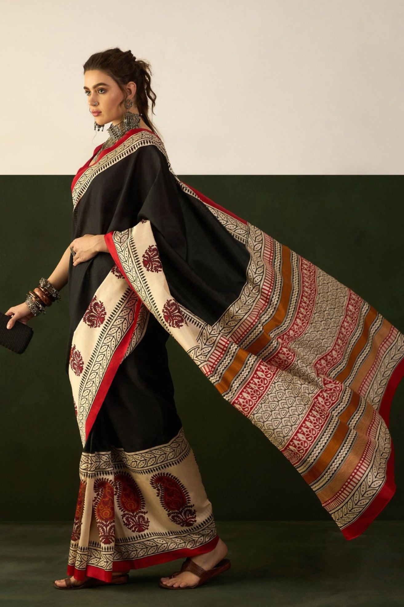 Buy MySilkLove Crow Black and Cream Ajrakh Printed Saree Online