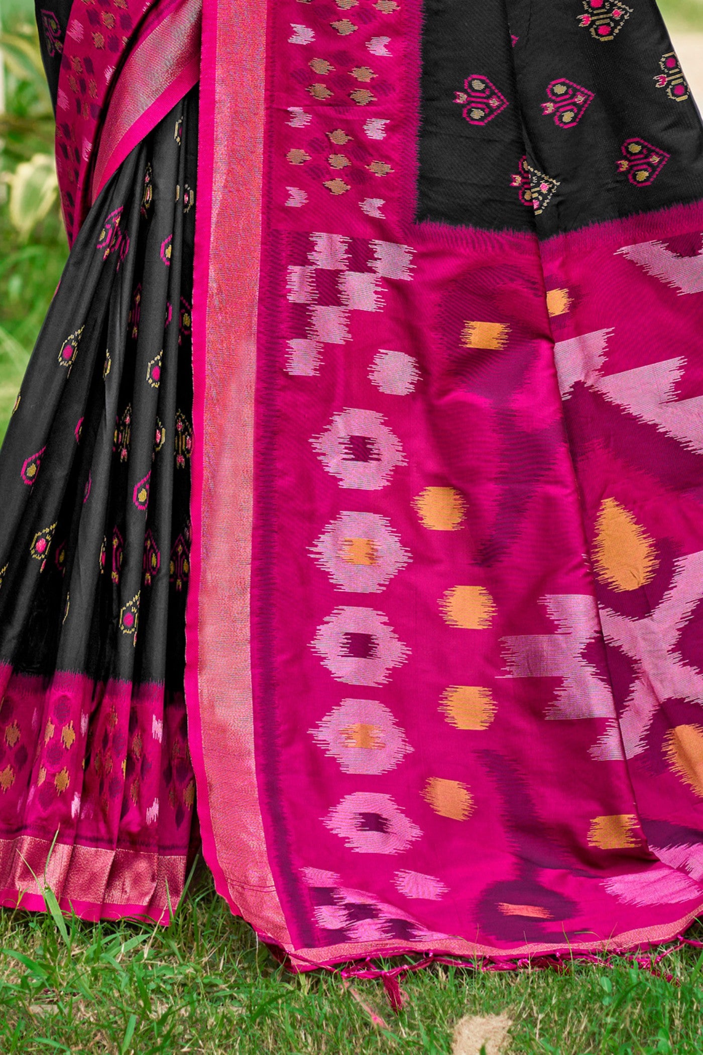 Buy MySilkLove Matte Black Ikkat Soft Silk Saree Online