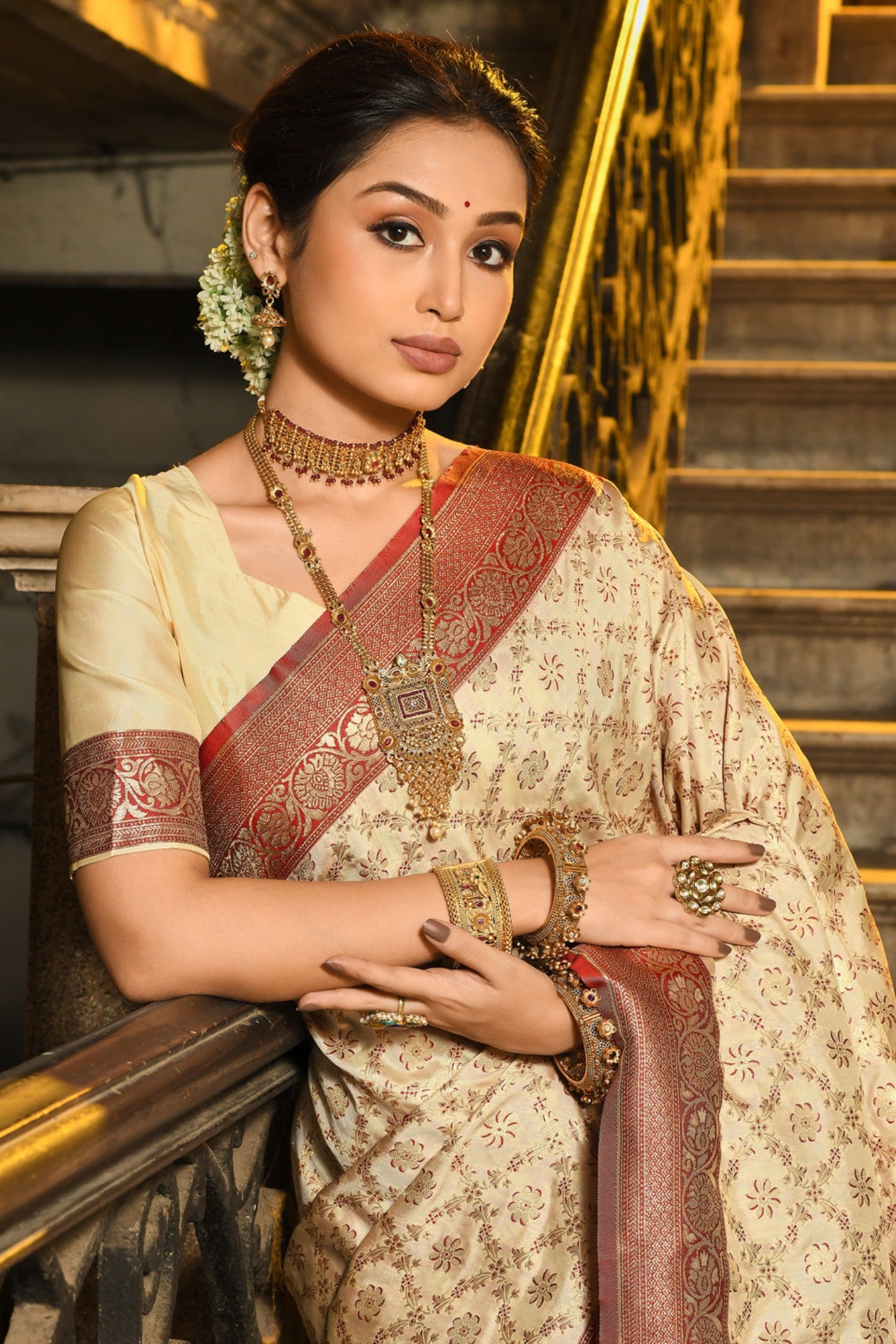 Buy MySilkLove Buttermilk Cream Woven Banarasi Saree Online