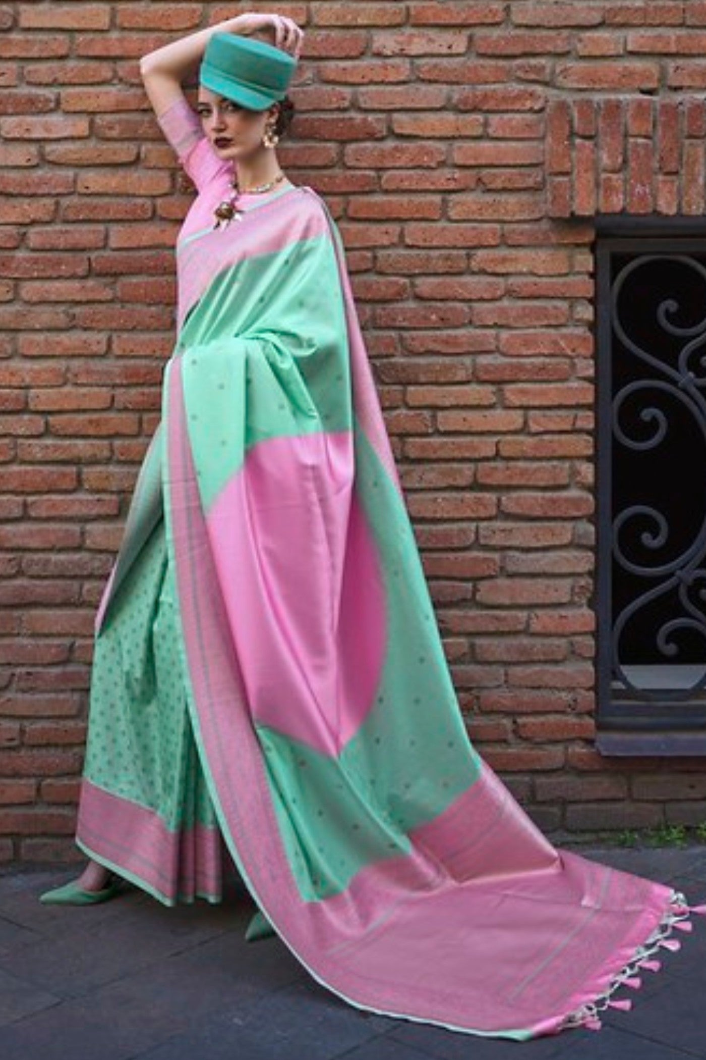 Buy MySilkLove Mint Green and Pink Banarasi Handloom Saree Online