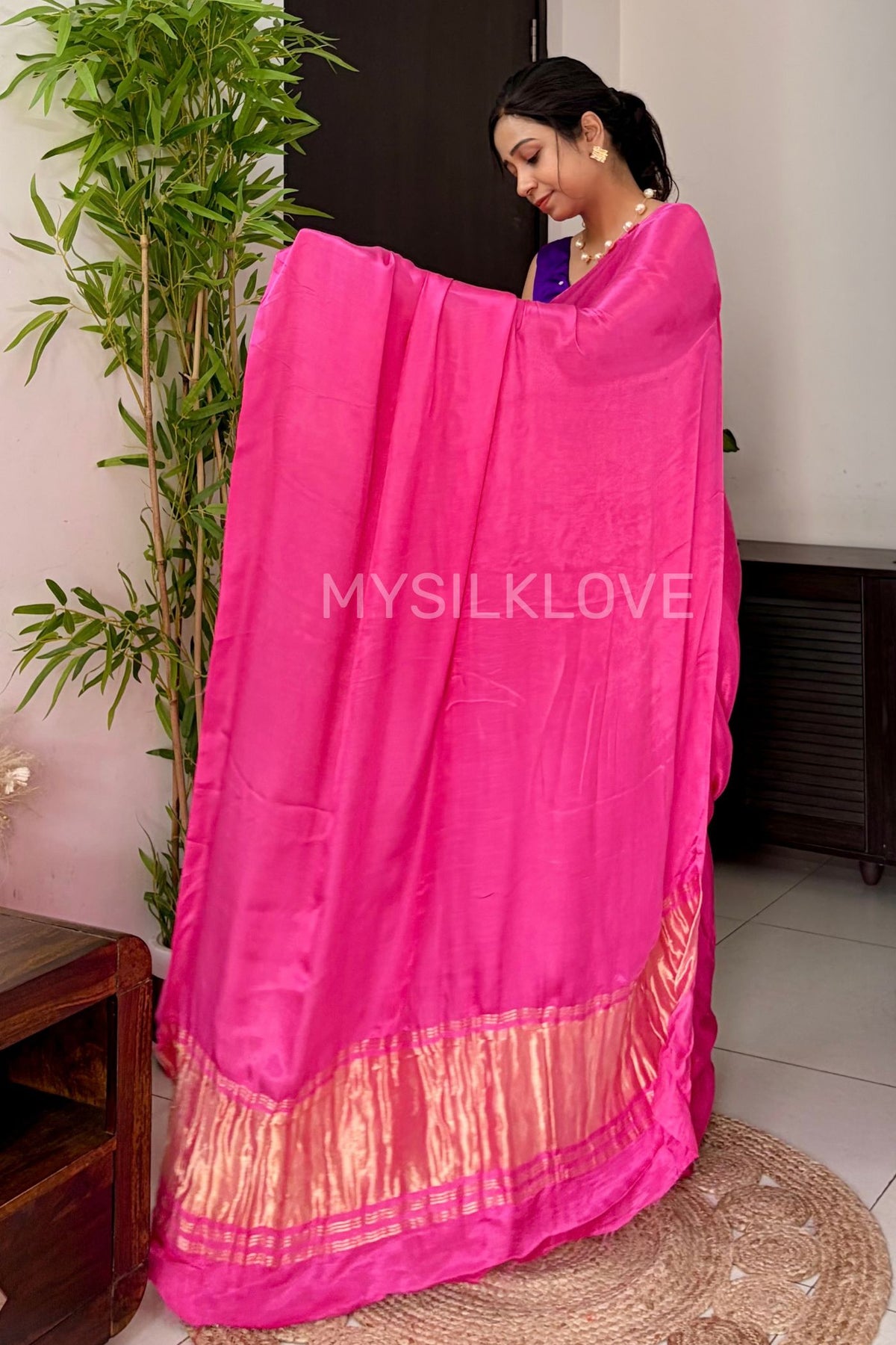 Buy MySilkLove Fuchsia Pink Modal Pure Gajji Silk Saree with Lagdi Zari Pallu Saree — Buy Online | MySilkLove Online