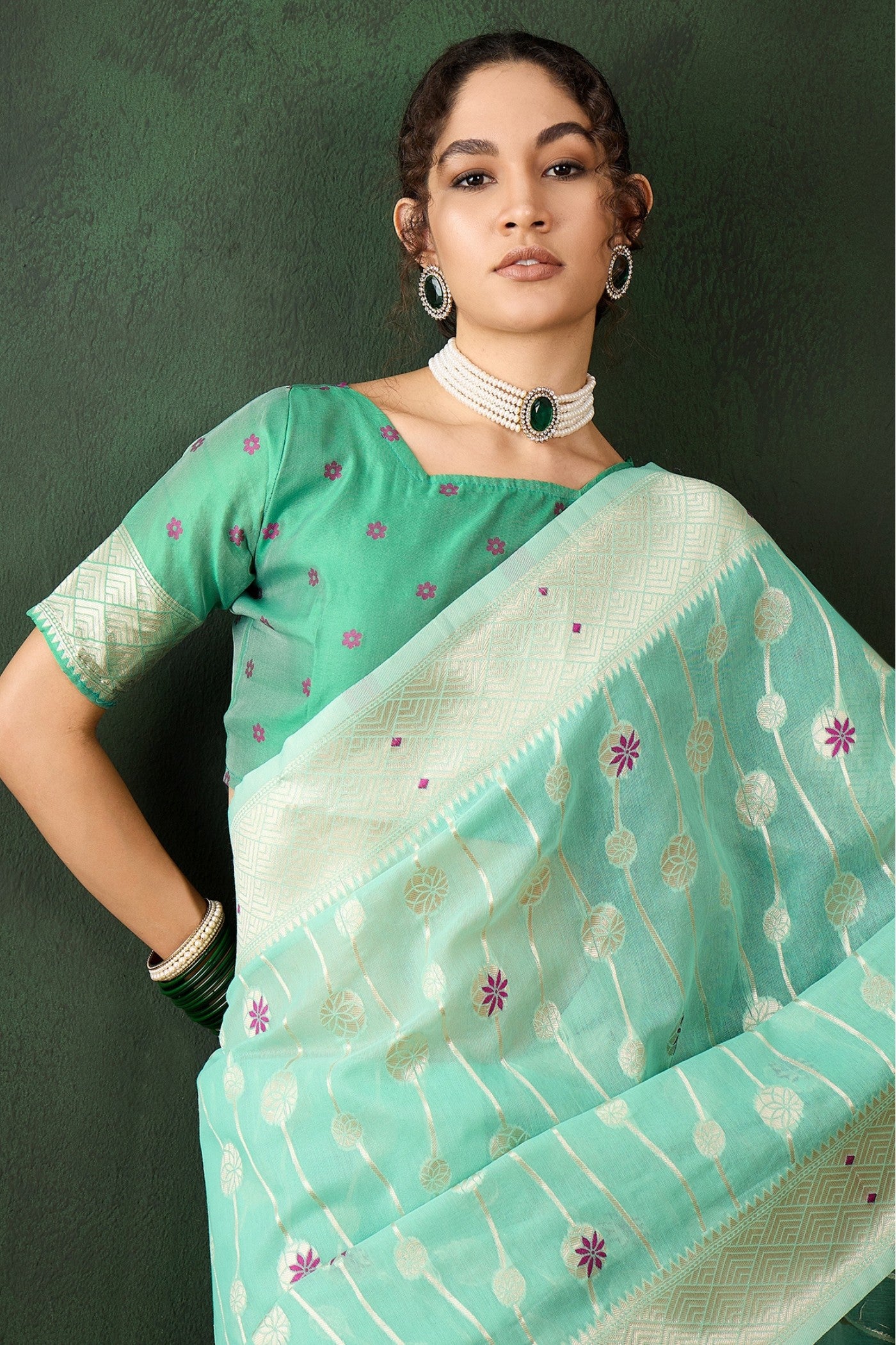 Buy MySilkLove Sage Green Woven Cotton Saree Online