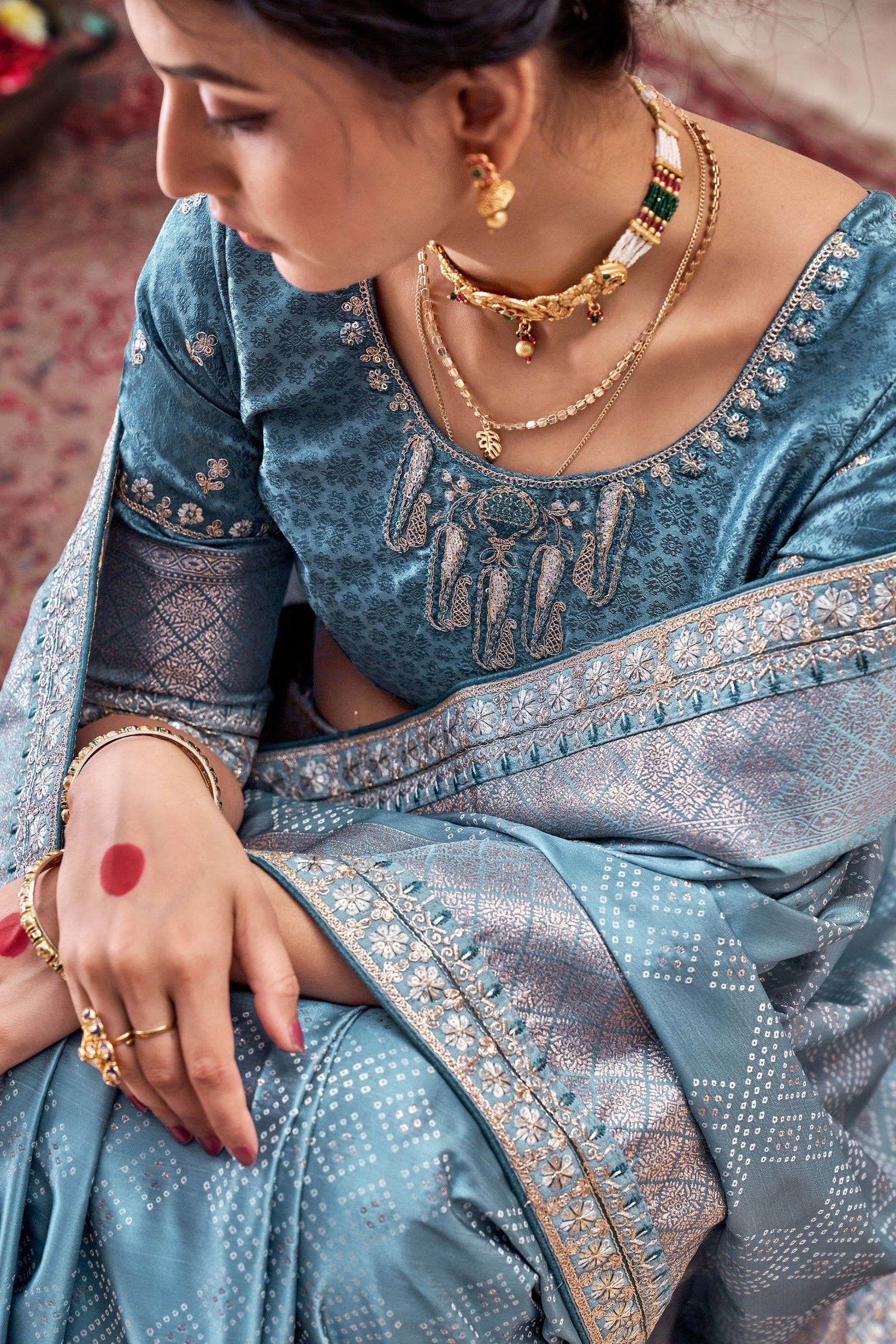 Buy MySilkLove Pearl Blue Embroidered Satin Silk Saree Online