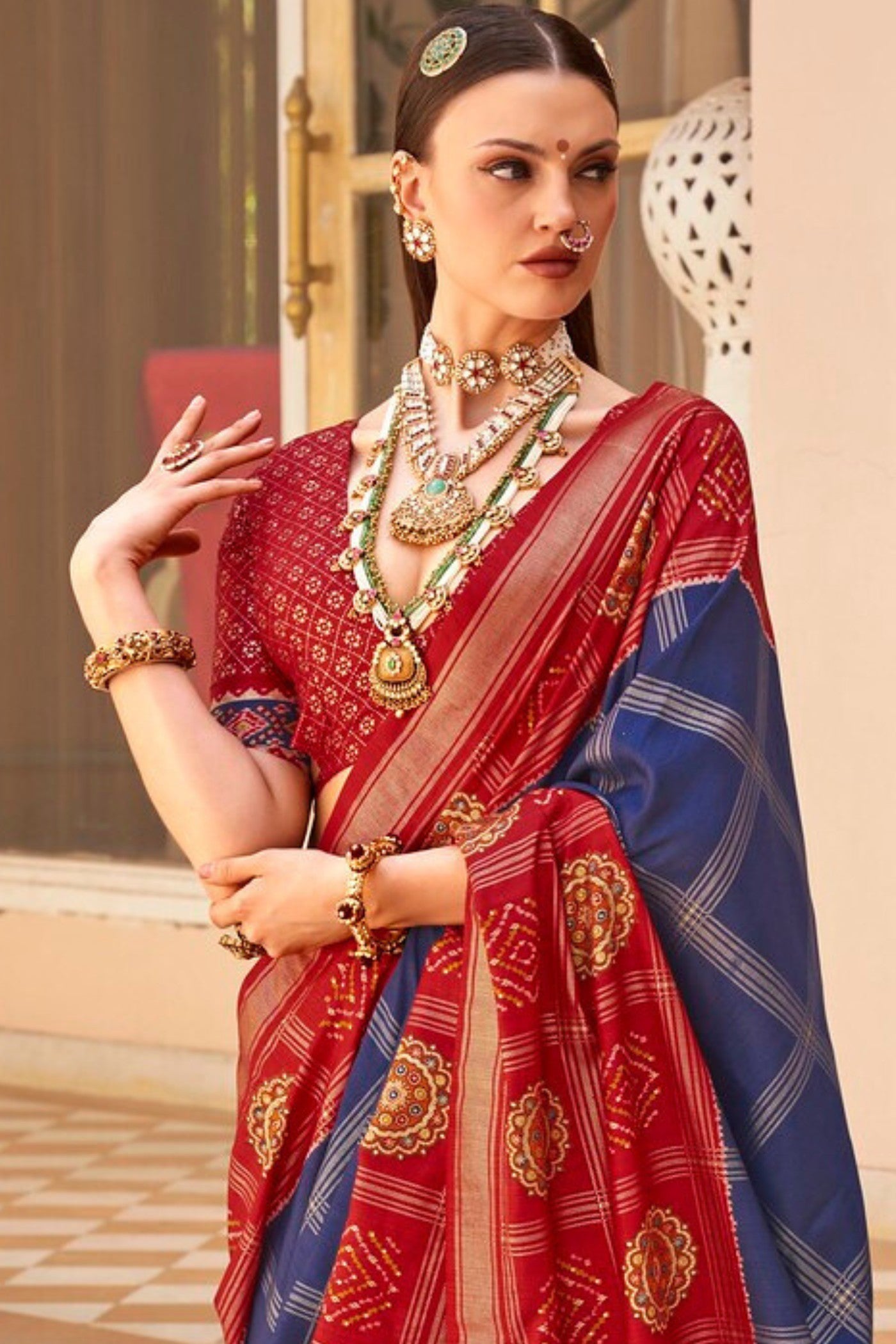 Buy MySilkLove Water Blue and Red Printed Patola Saree Online