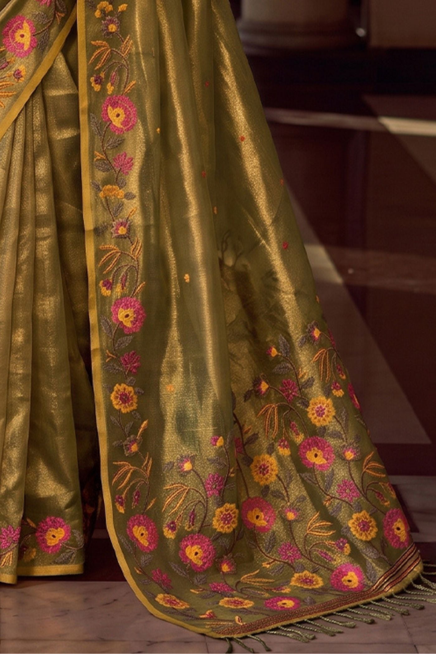 Buy MySilkLove Mehendi Green Woven Floral Tissue Saree Online