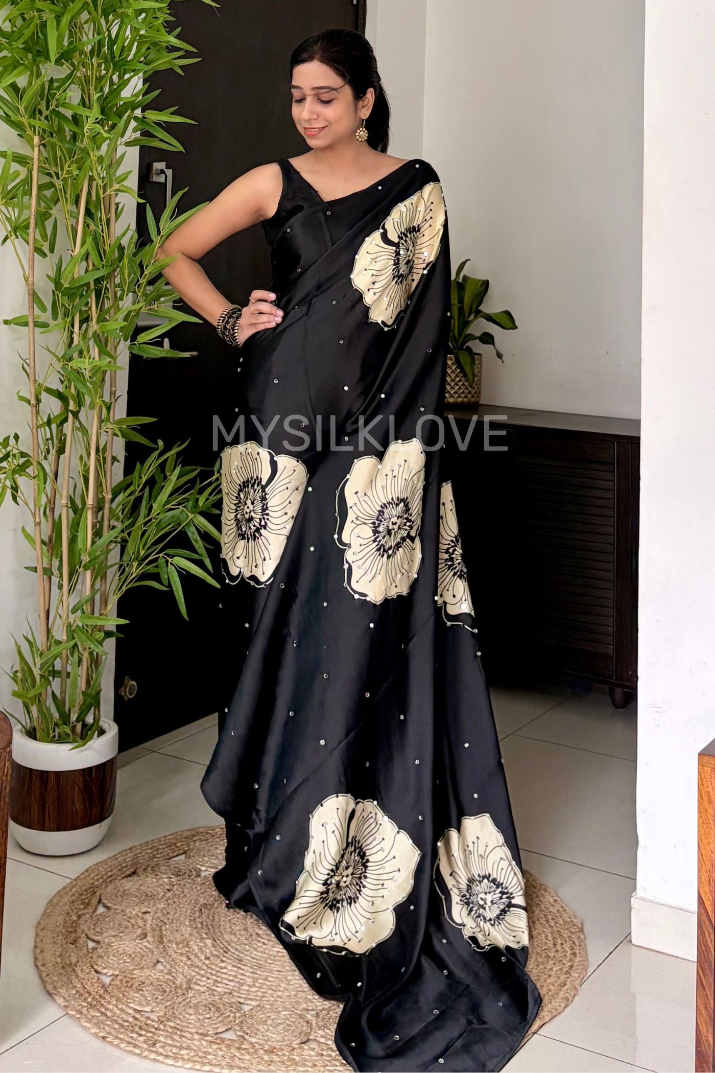 Buy MySilkLove Dusk Black Satin Floral Printed Mirror Work Silk Saree Online