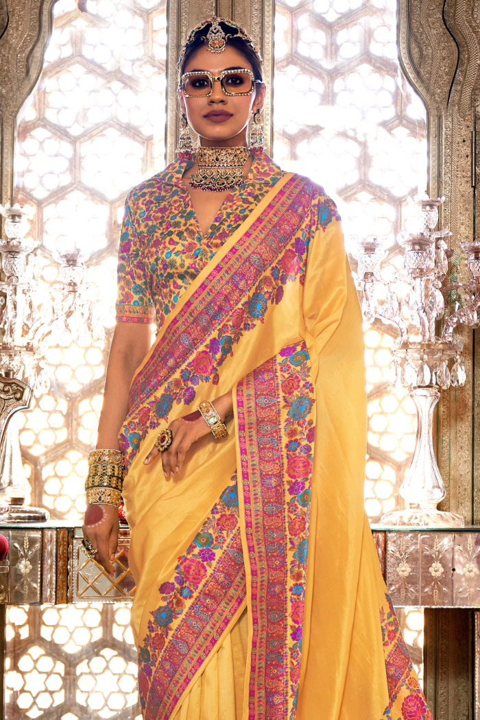 Buy MySilkLove Saffron Mango Yellow Printed Banarasi Saree Online