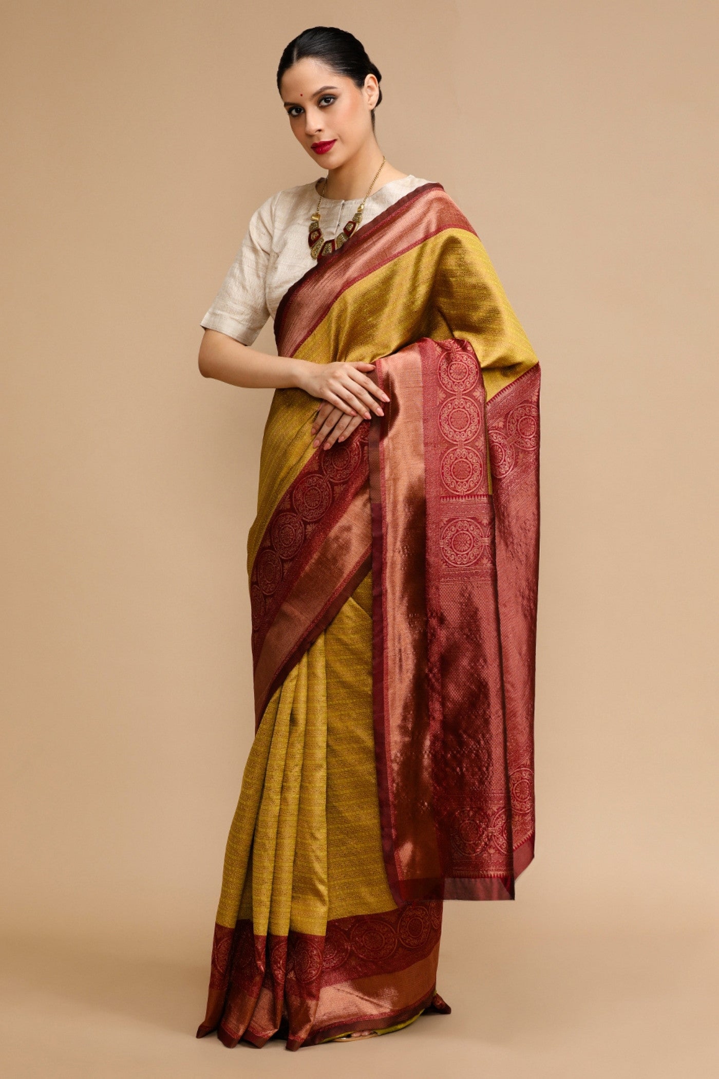 Buy MySilkLove Papaya Whip Yellow Woven Jacquard Lichi Silk Saree Online