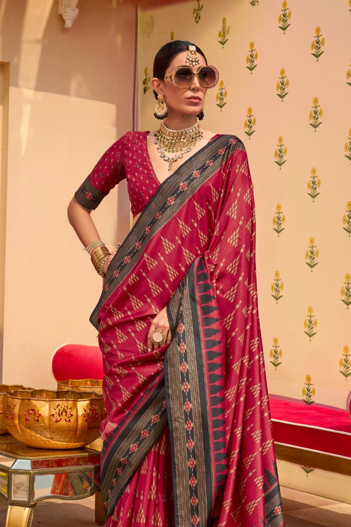 Buy MySilkLove French Maroon Printed Banarasi Soft Silk Saree Online