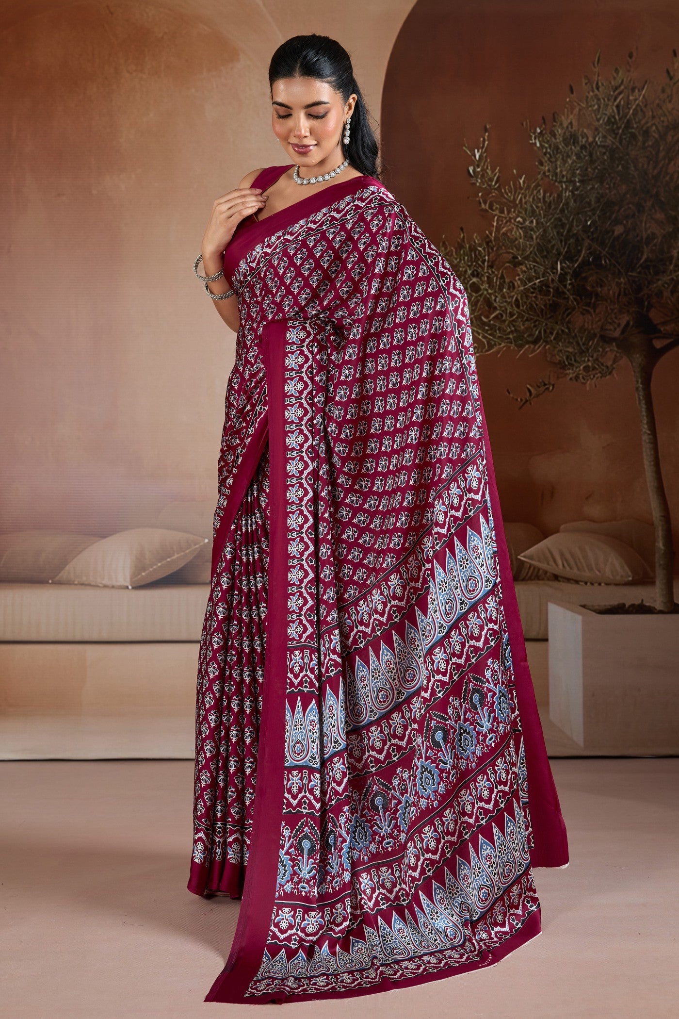 Buy MySilkLove Luxury Maroon Ajrakh Printed Satin Crepe Silk Saree Online