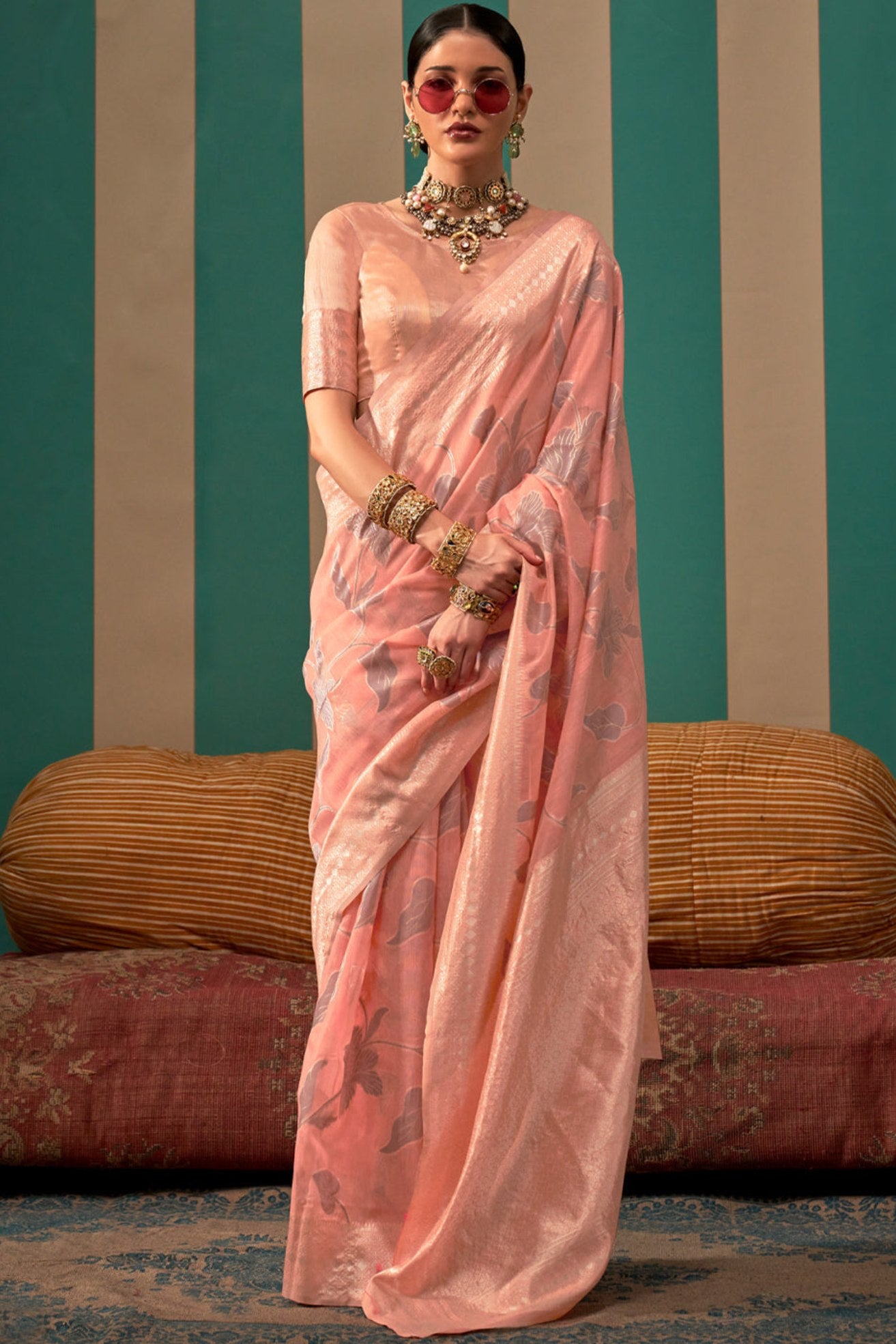 Buy MySilkLove Tonys Peach Woven Banarasi Linen Saree Online