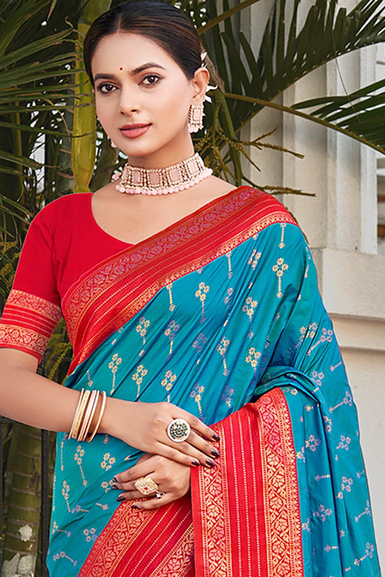 MySilkLove Eastern Blue and Red Woven Banarasi Saree