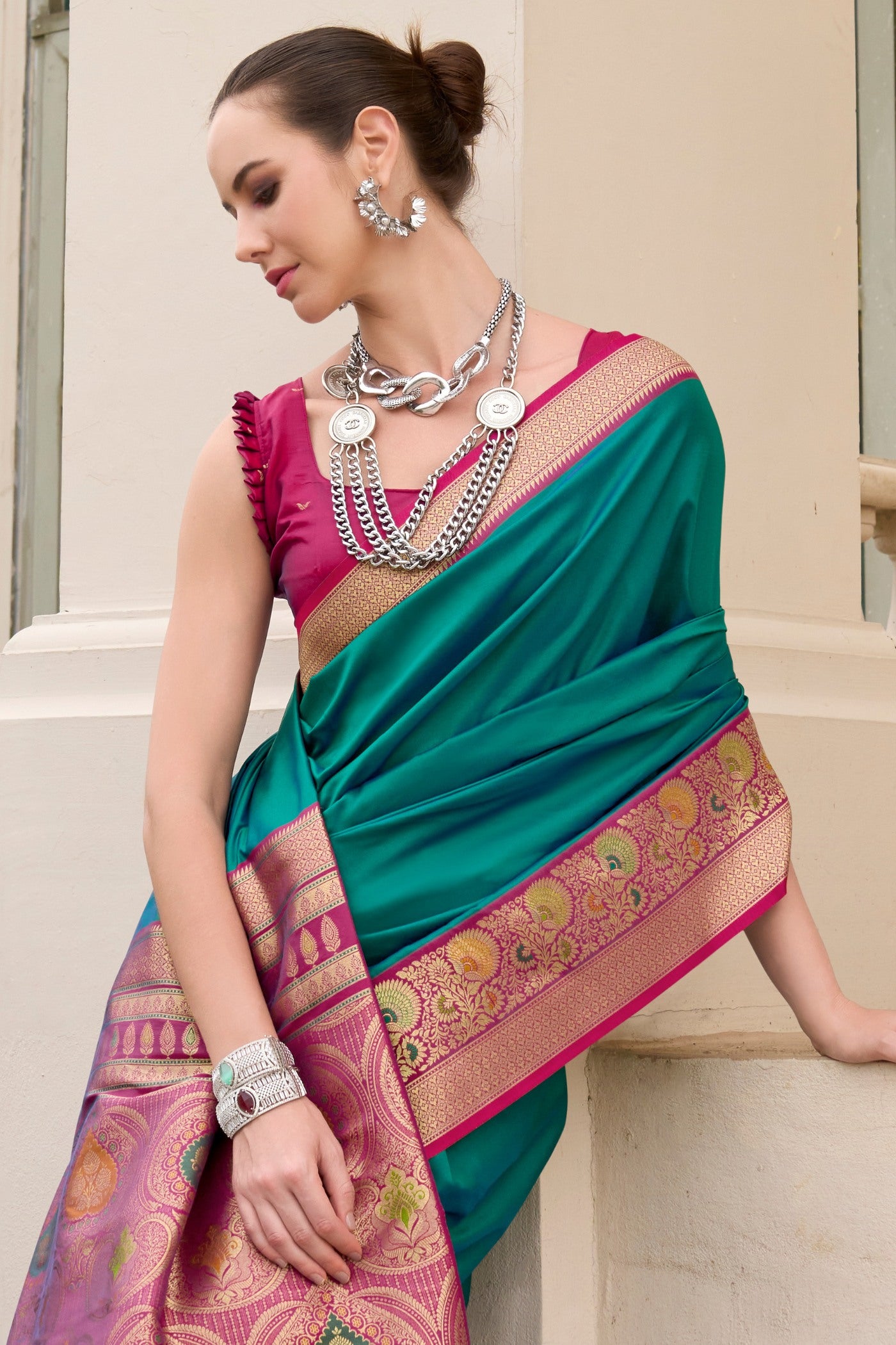 Buy MySilkLove Sea Blue Woven Banarasi Soft Silk Saree Online