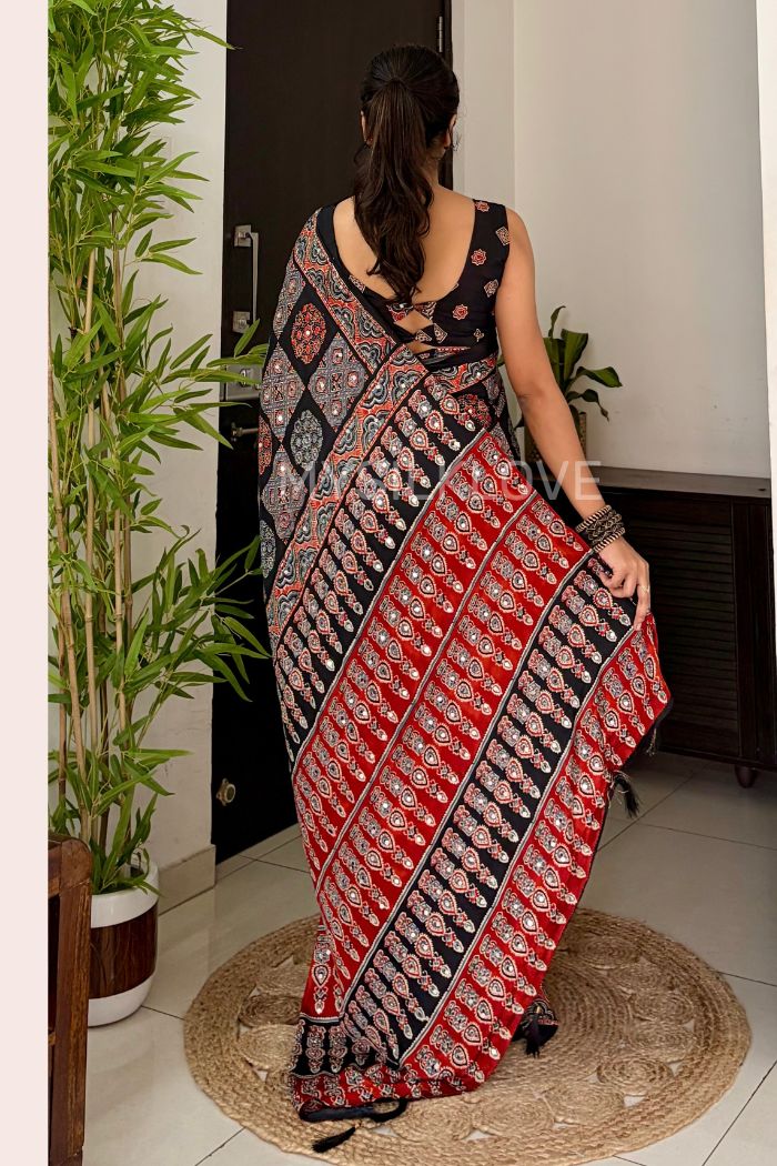 Buy MySilkLove Flint Black Ajrakh Modal Mirror Work Satin Silk Saree Online