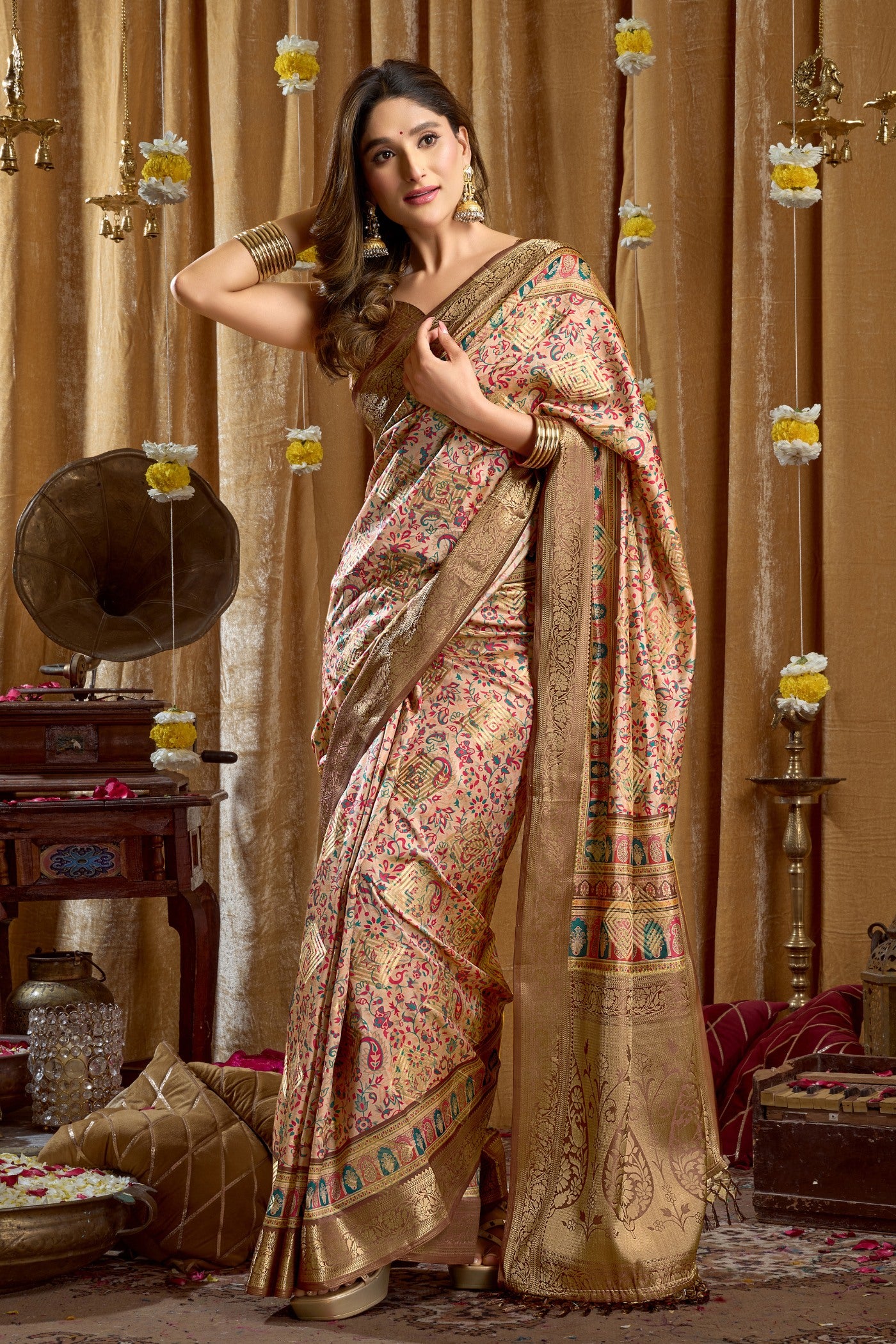 Buy MySilkLove Bistre Brown Digital Printed Banarasi Saree Online