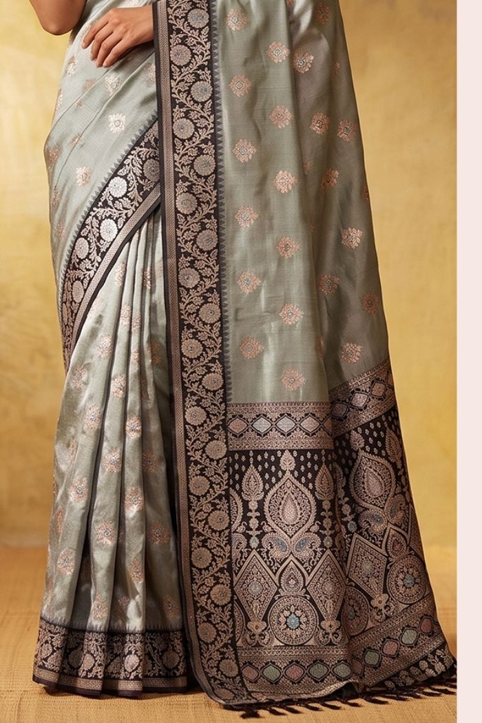 Buy MySilkLove Dove Grey Woven Banarasi Saree Online