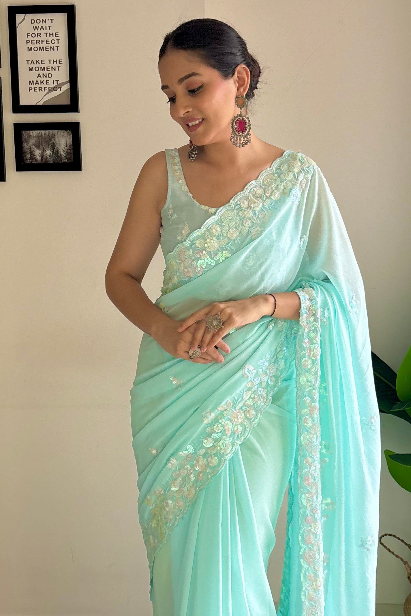 Buy MySilkLove Morning Glory Blue Embroidery Georgette saree Online