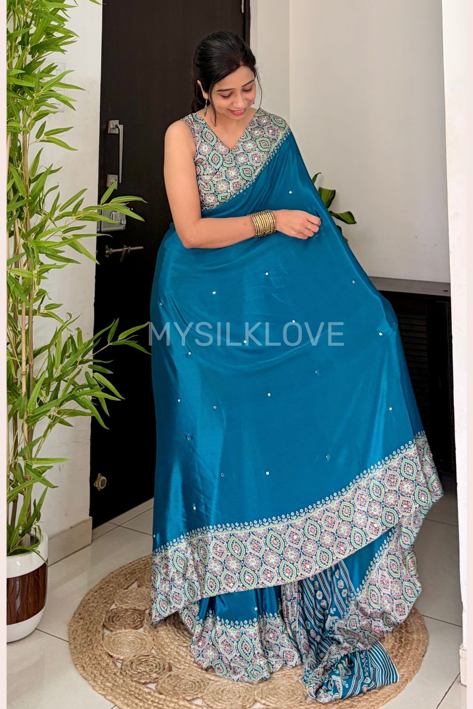 Buy MySilkLove Paris Green Ajrakh Modal Mirror Work Satin Silk Saree Online