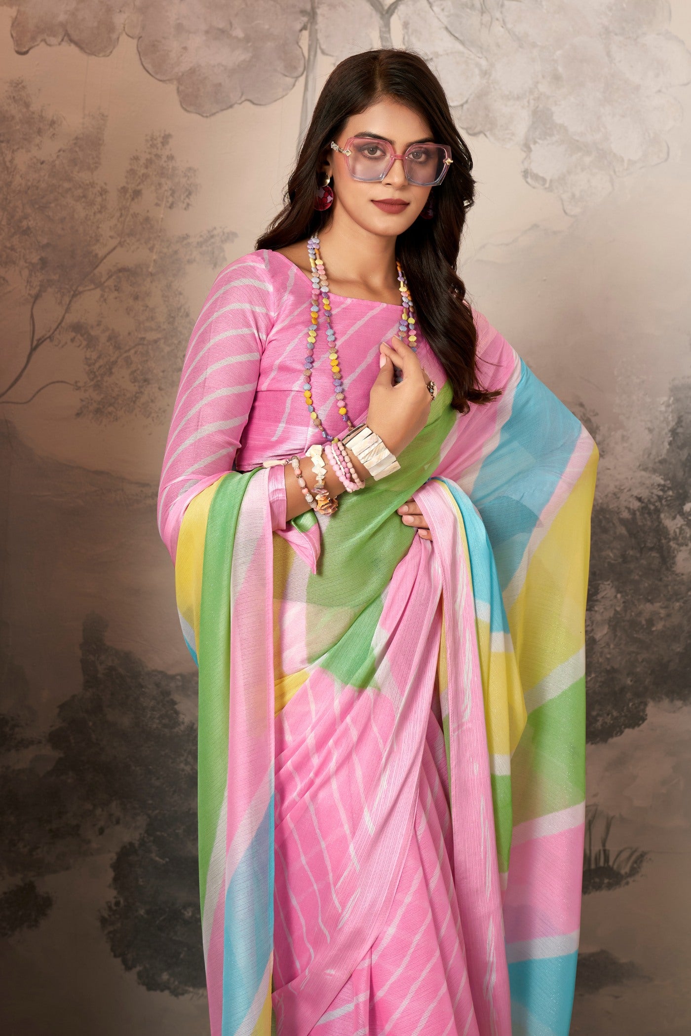 MySilkLove Cherry Blossom Pink Printed Satin Silk Saree