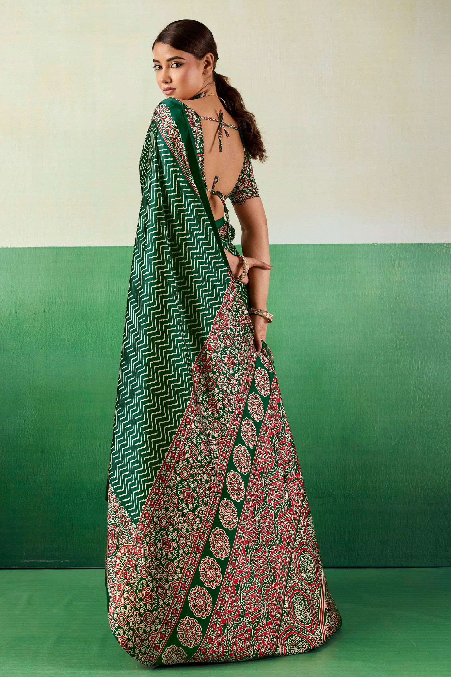 Buy MySilkLove Spring Green Modal Ajrakh Satin Printed Silk Saree Online