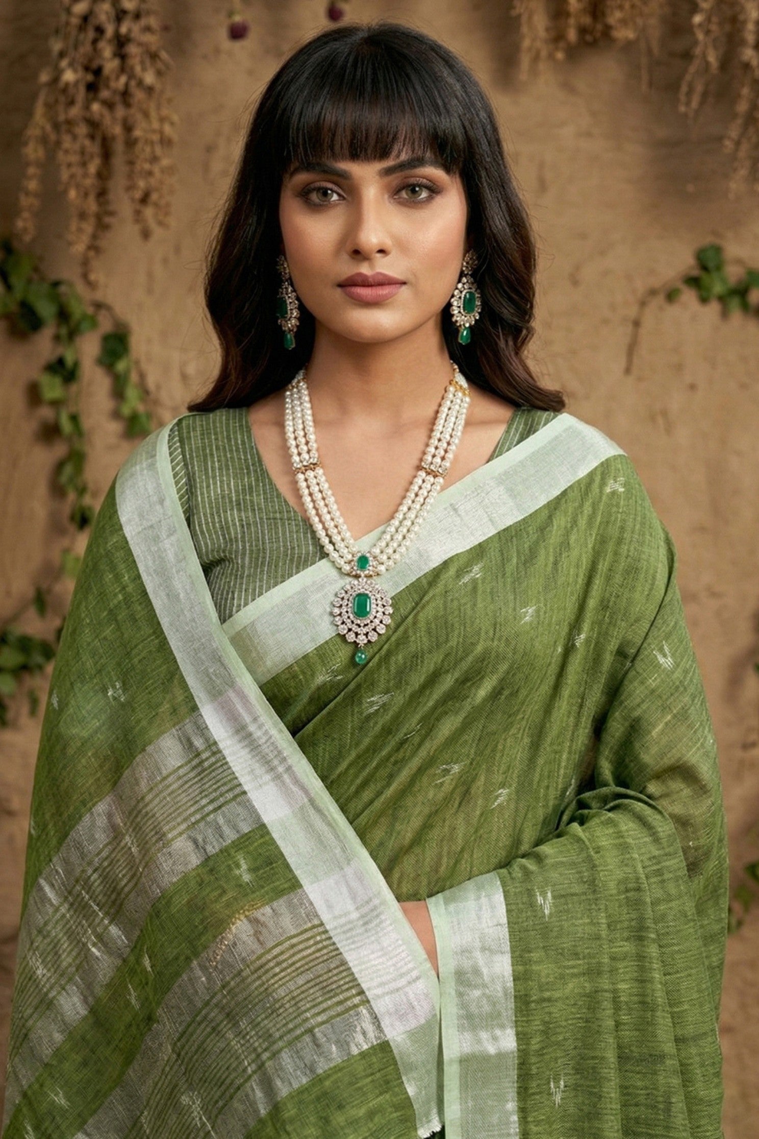 MySilkLove Fern Green Woven Linen Cotton Saree