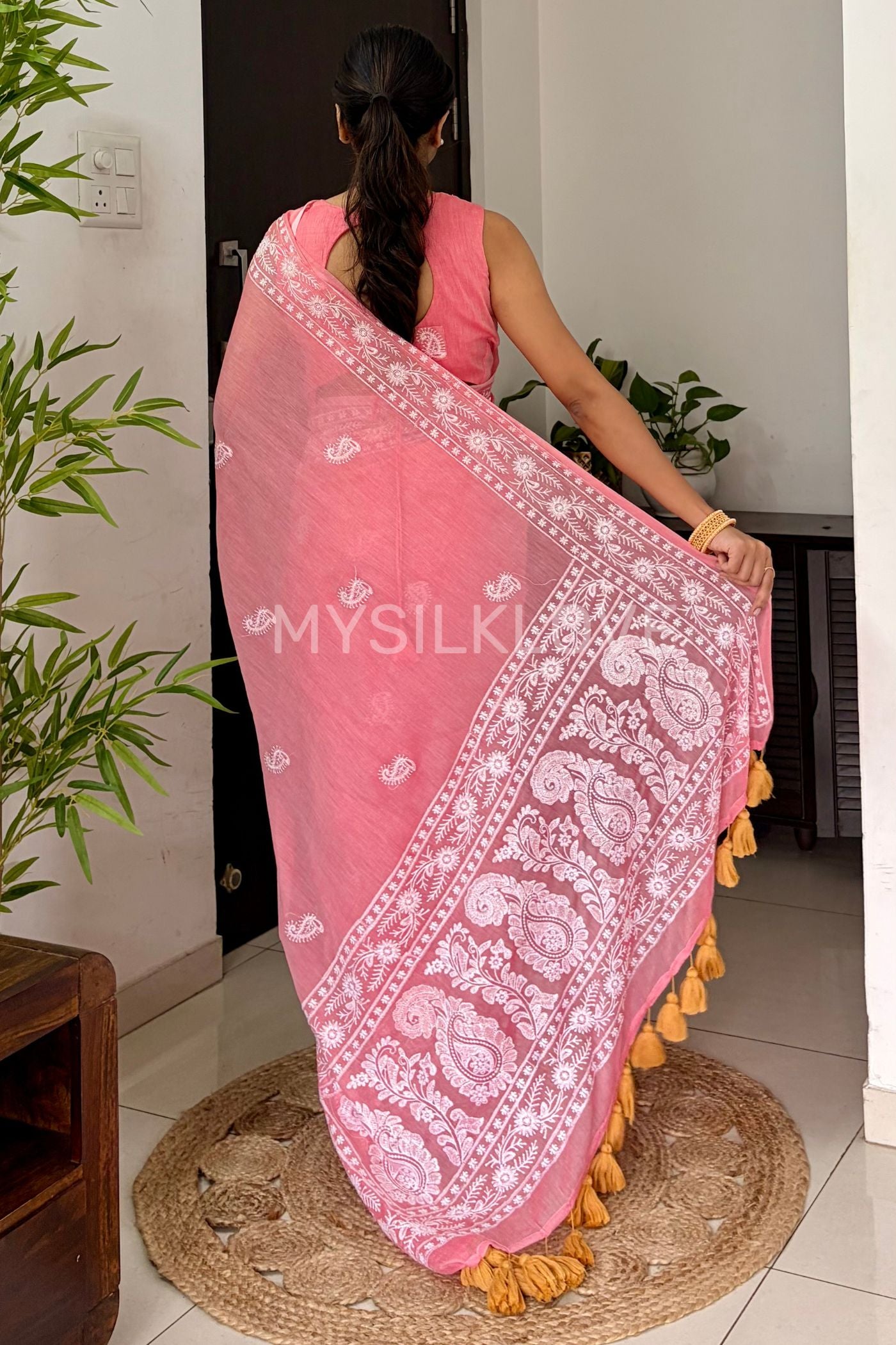 Buy MySilkLove Blossom Pink Handwoven Pure Mul Mul Cotton Chikankari Saree Online
