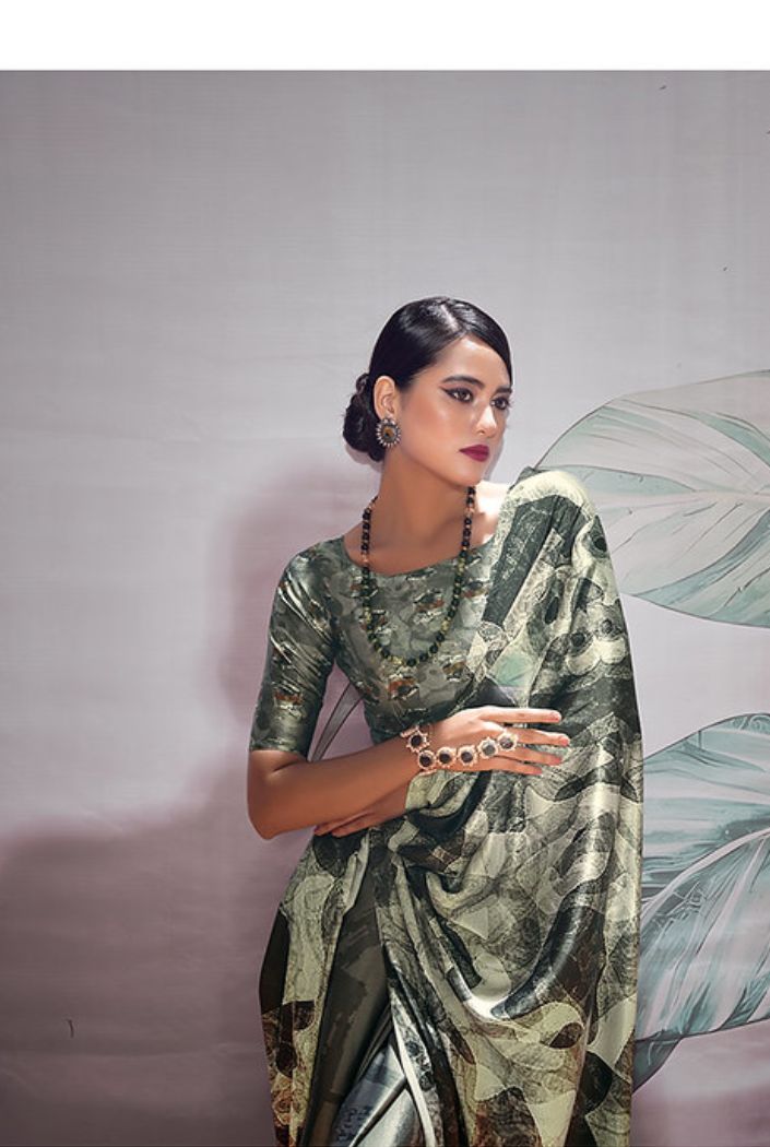 Buy MySilkLove Armadillo Green Printed Satin Silk Saree Online