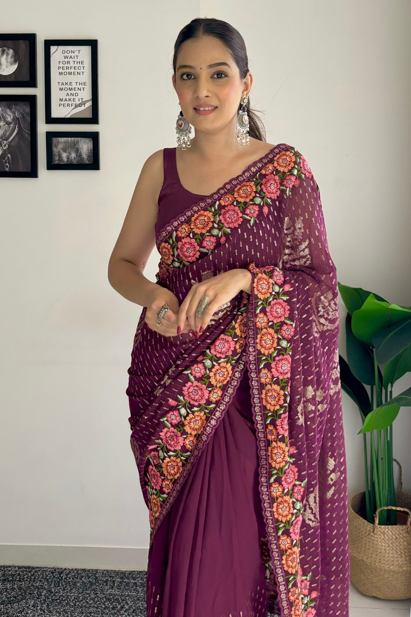 MySilkLove Wine Purple Embroidery Designer Georgette Saree