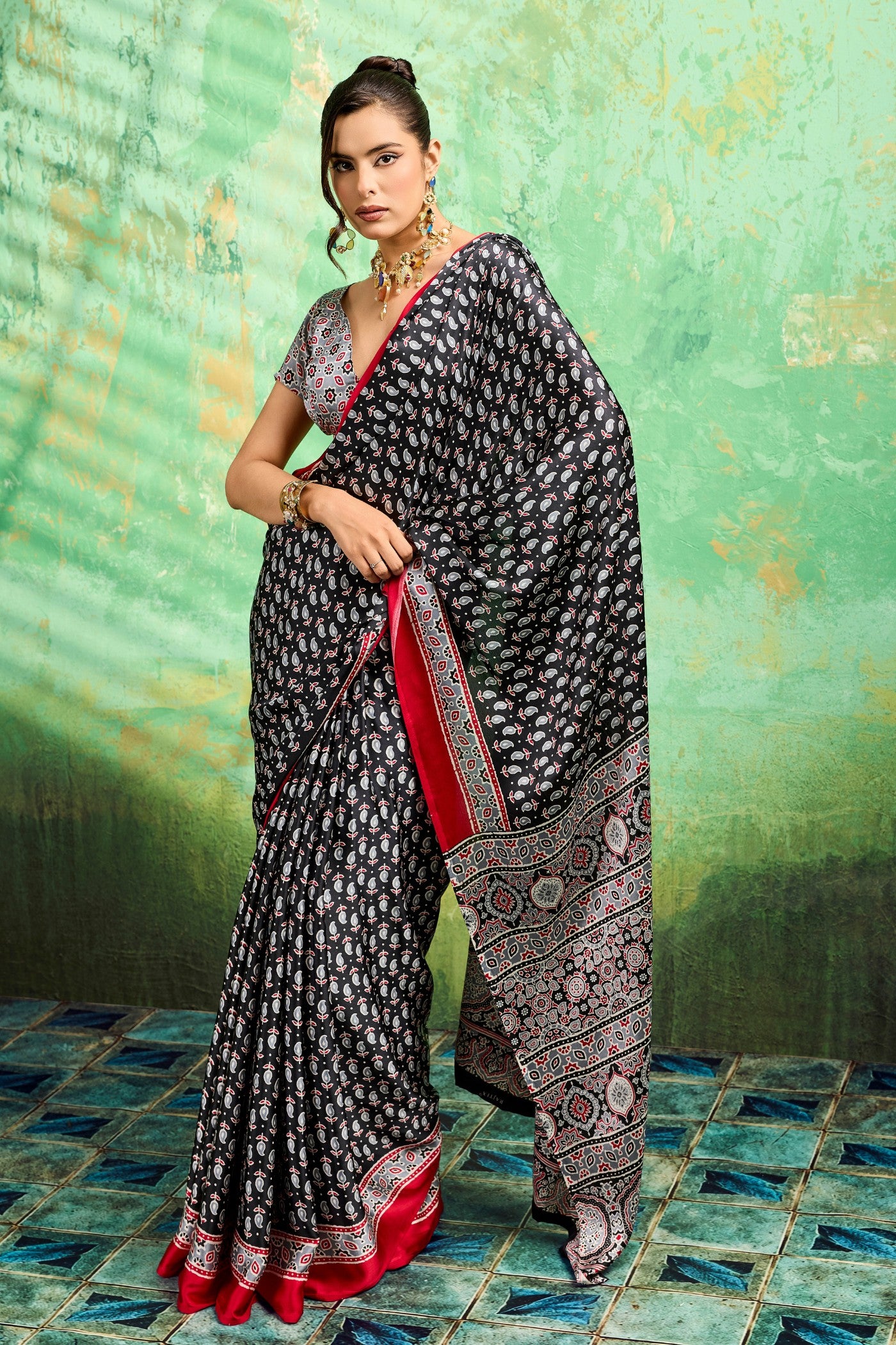 Buy MySilkLove Attractive Black Modal Ajrakh Satin Printed Silk Saree Online