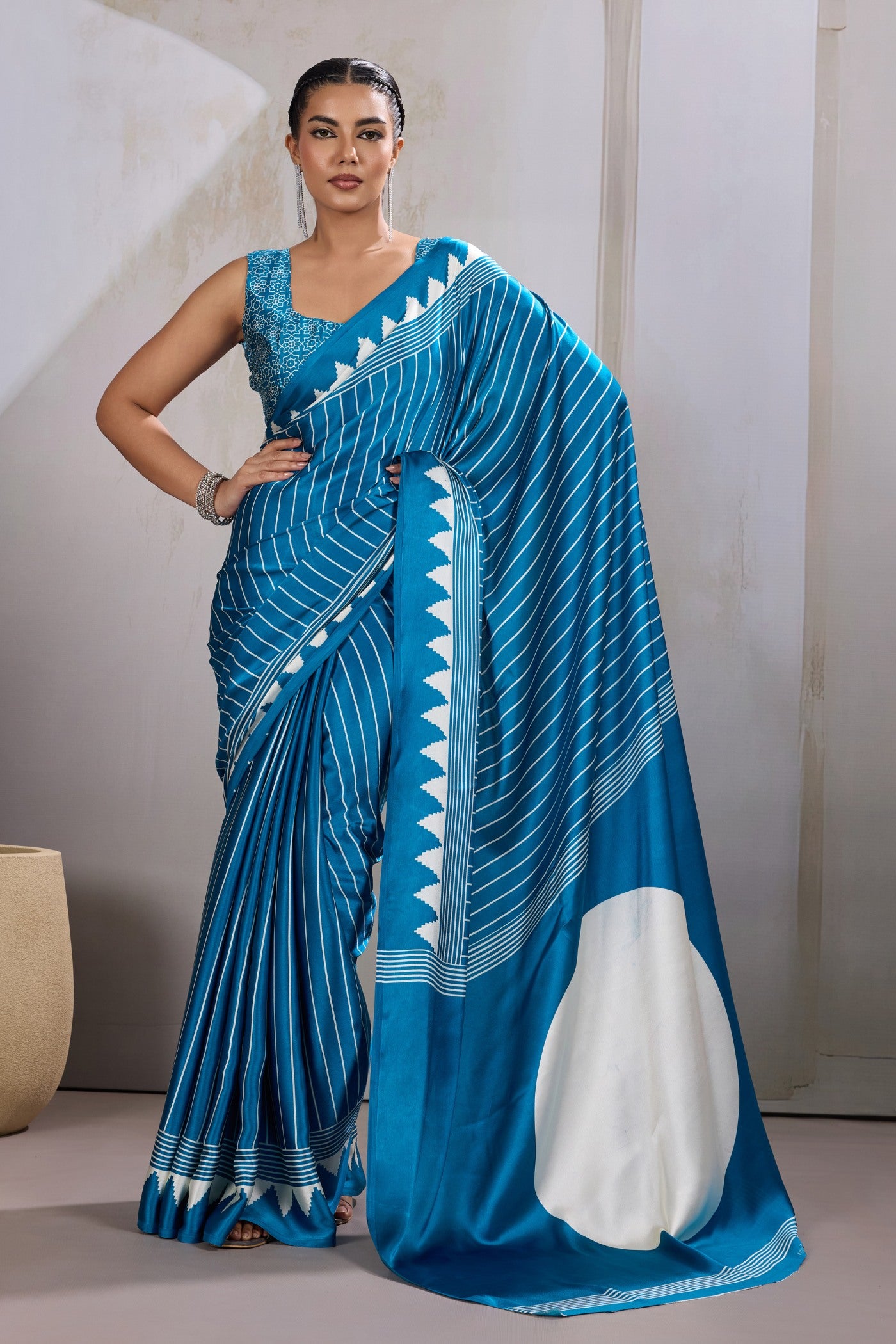 Buy MySilkLove Hydrangea Blue Ajrakh Printed Satin Crepe Silk Saree Online