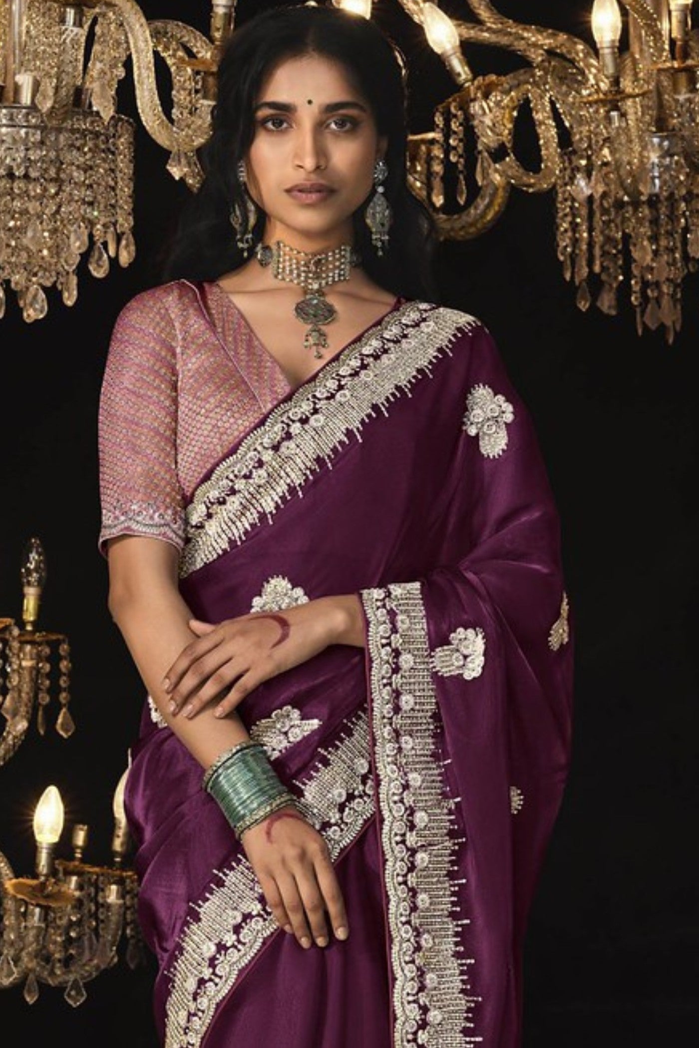 Buy MySilkLove Boysenberry Purple Tissue Embroidered Designer Saree Online