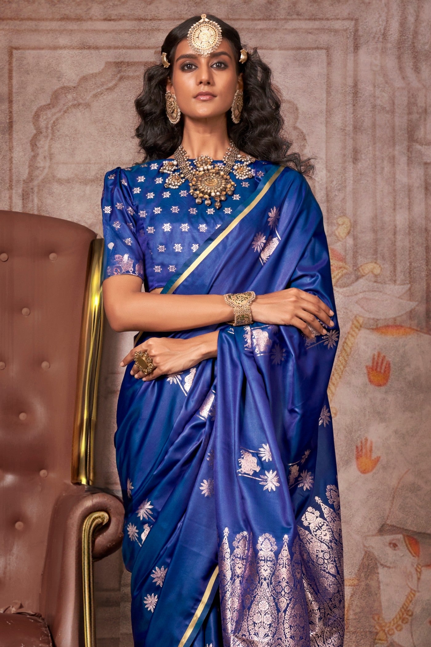 Buy MySilkLove Azure Blue Banarasi Pichwai Satin Saree Online