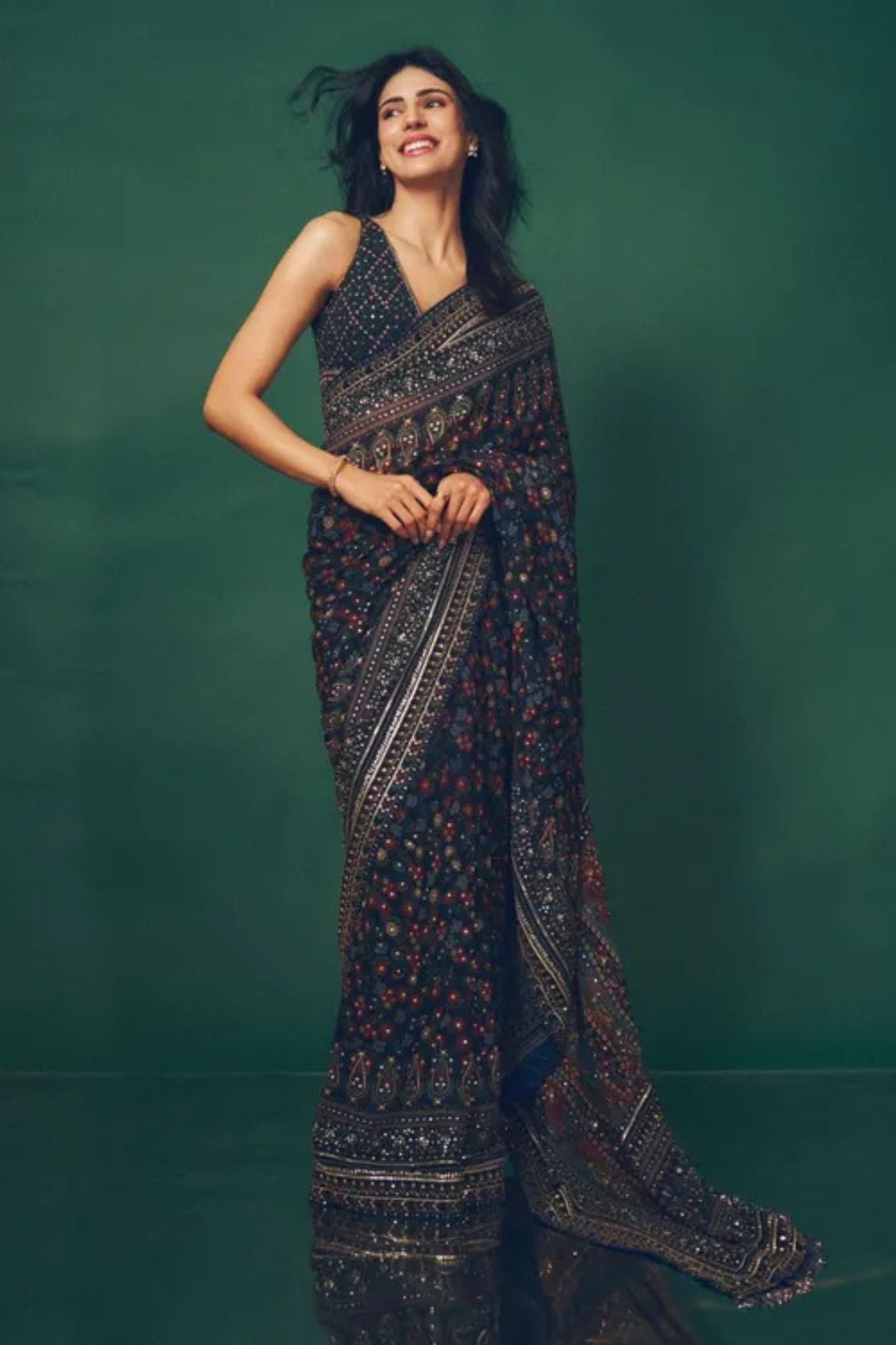 Buy MySilkLove Velvet Blue Georgette Ajrakh Printed Embroidered Saree Online