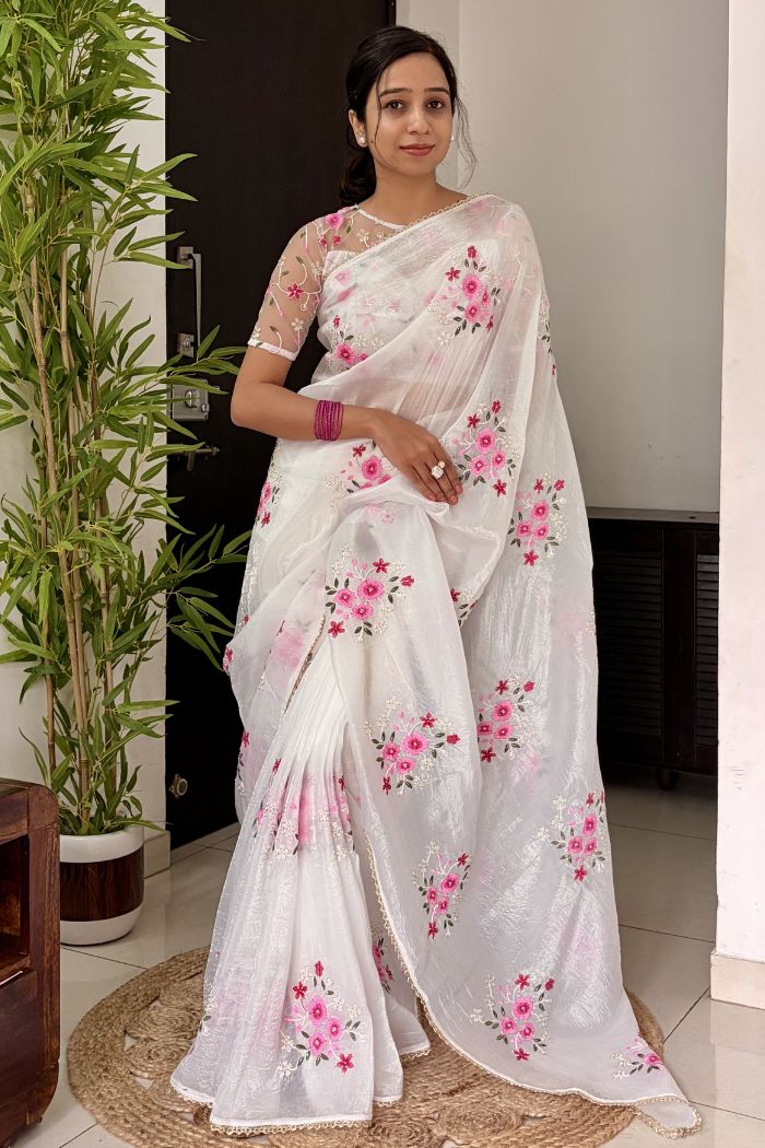 MySilkLove Crystal White Floral Hand Embroidered Crush Tissue Saree