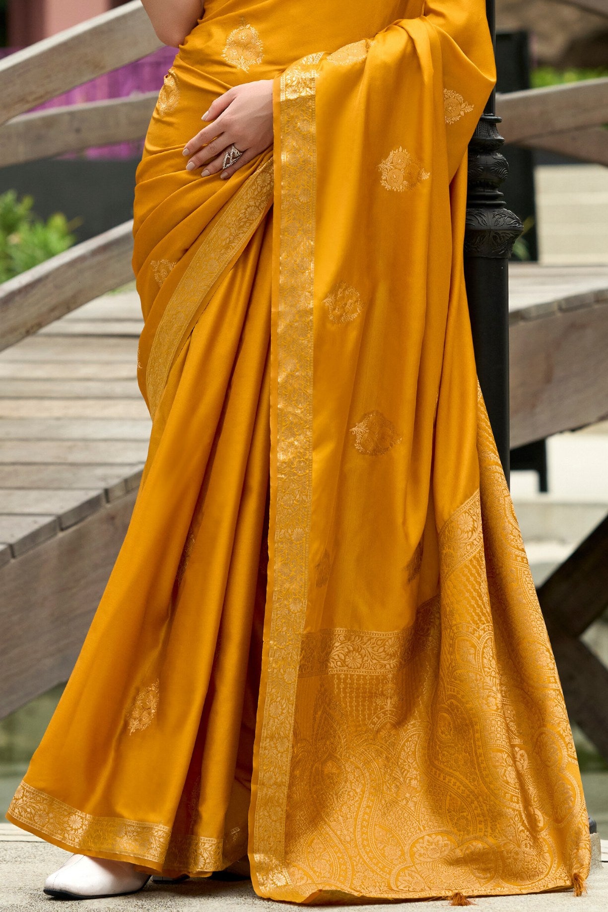 Buy MySilkLove Brandy Punch Yellow Banarasi Handloom Satin Saree Online