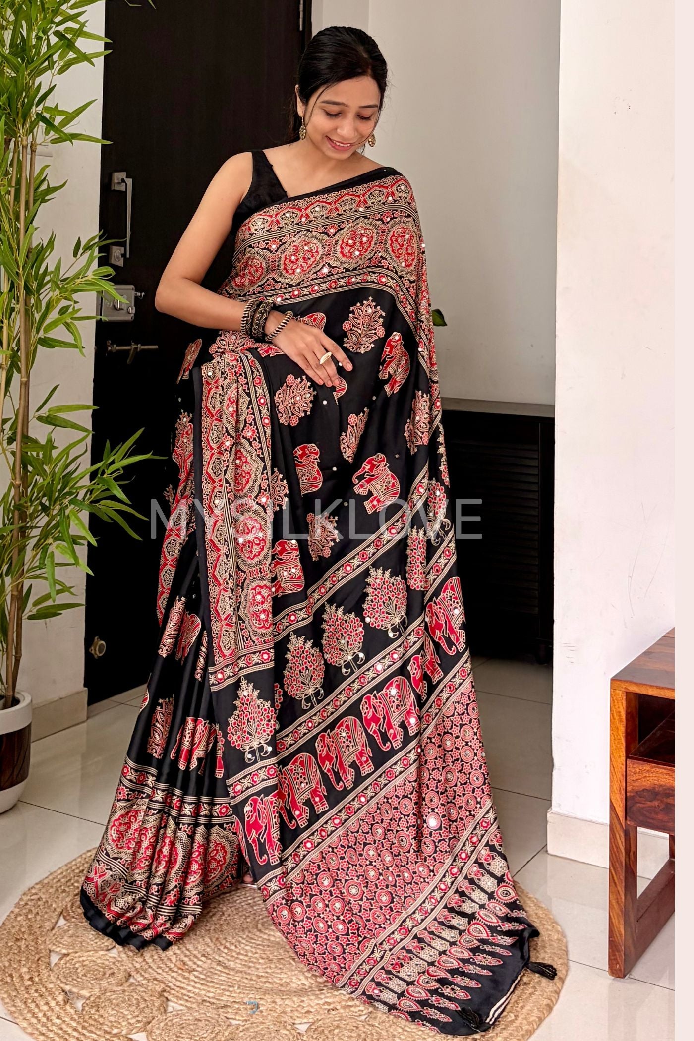 Buy MySilkLove Raven Black Ajrakh Satin Printed Mirror Work Saree Online
