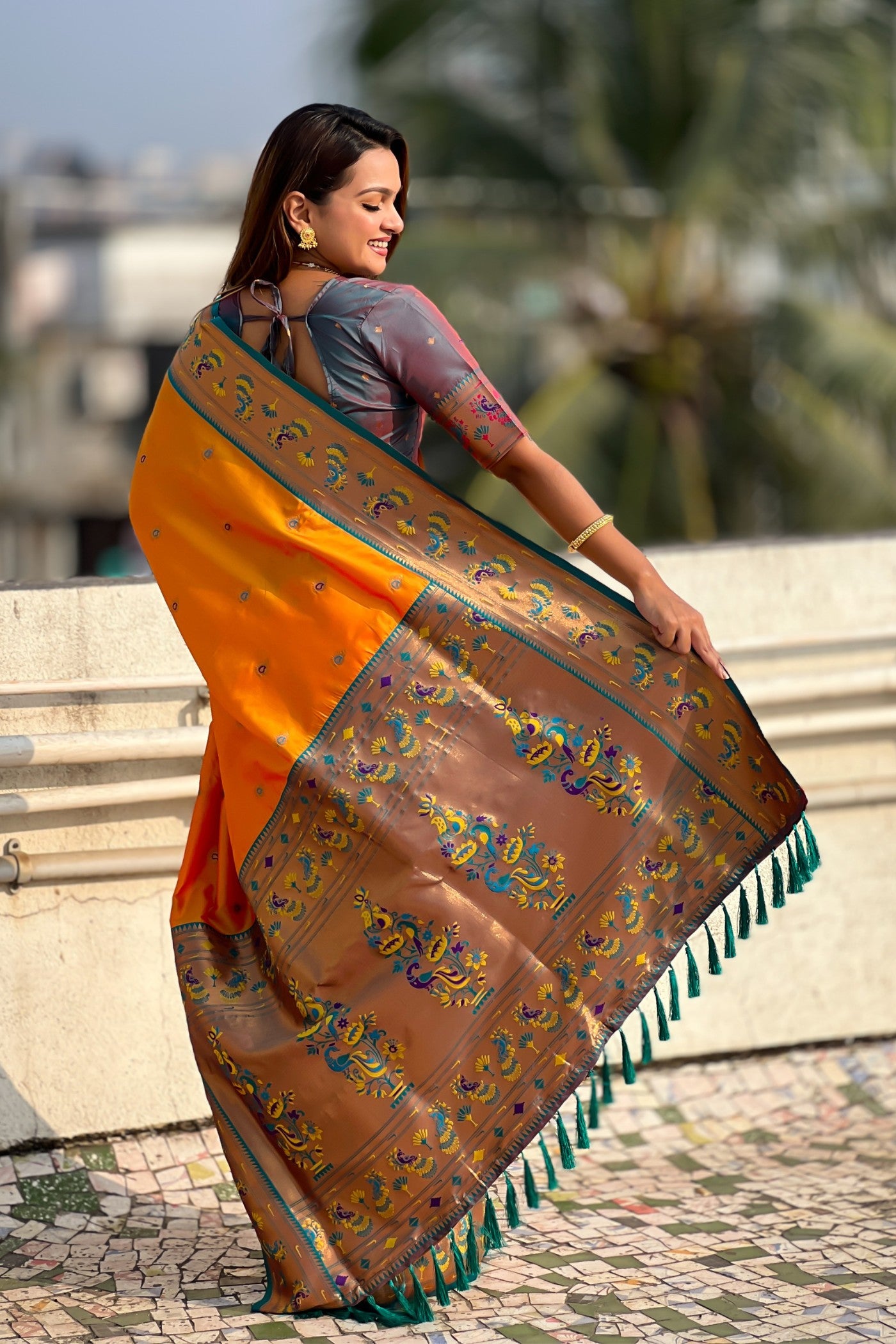 Buy MySilkLove Yam Orange Woven Lotus Paithani Saree Online