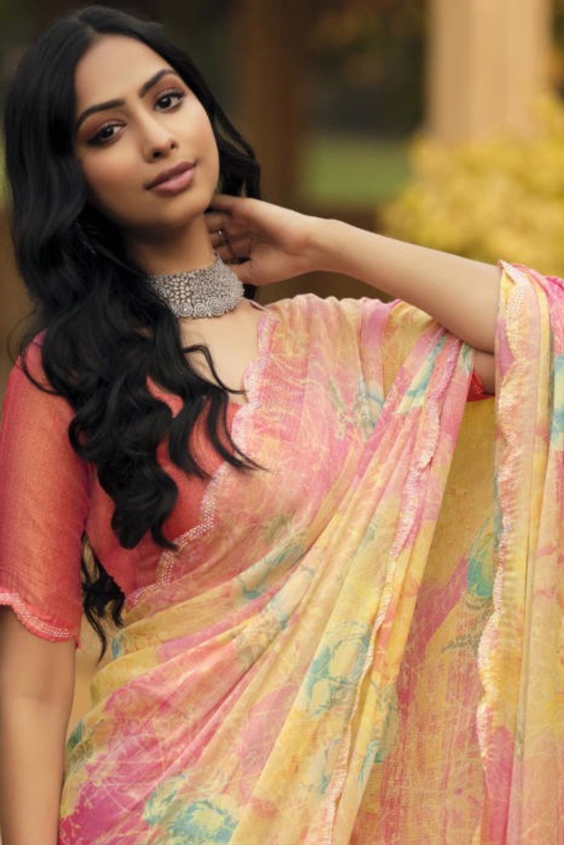 Buy MySilkLove Sunset Pearl Yellow and Pink Barasso Printed Saree Online