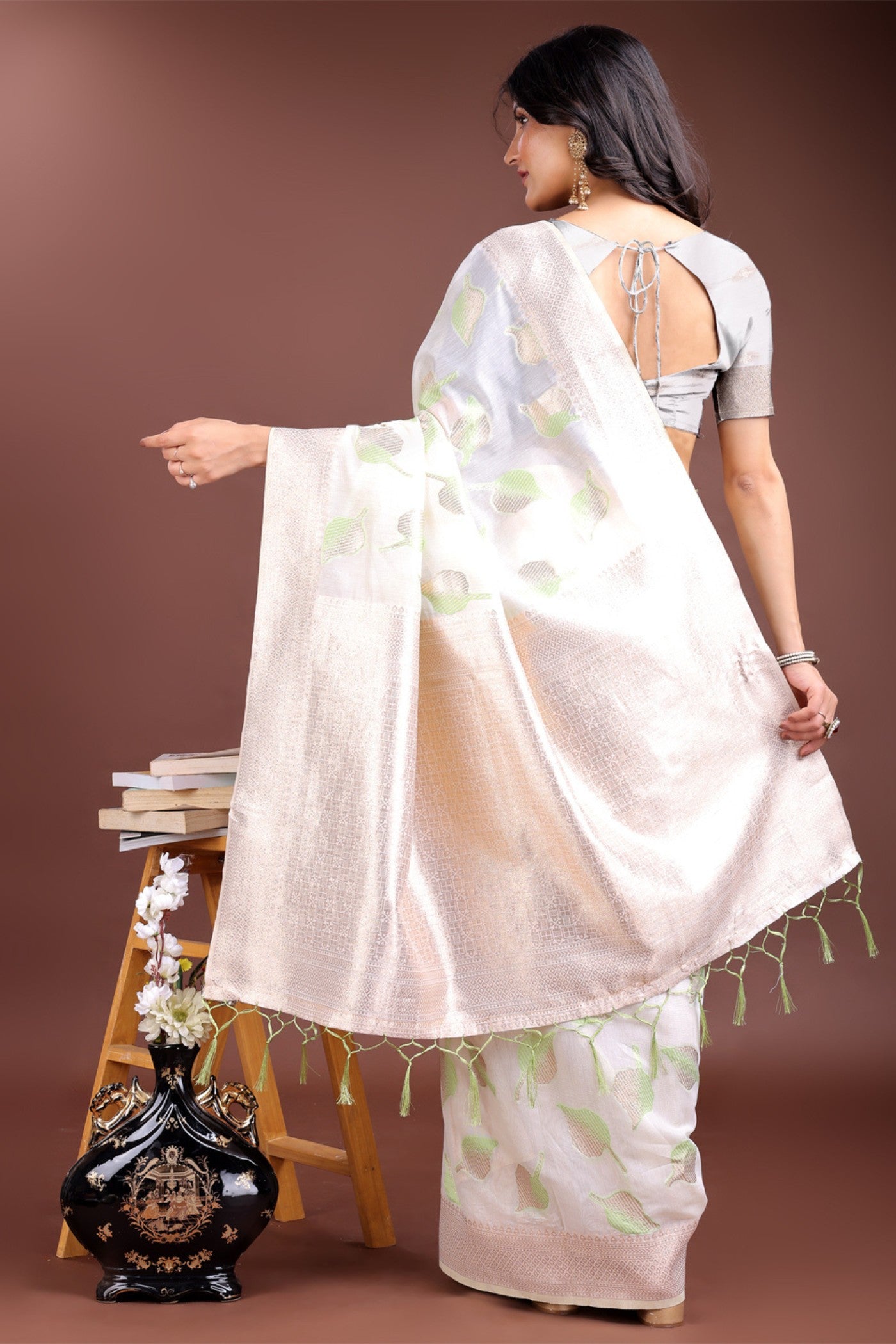 Buy MySilkLove Alstroemeria White and Green Woven Cotton Saree Online