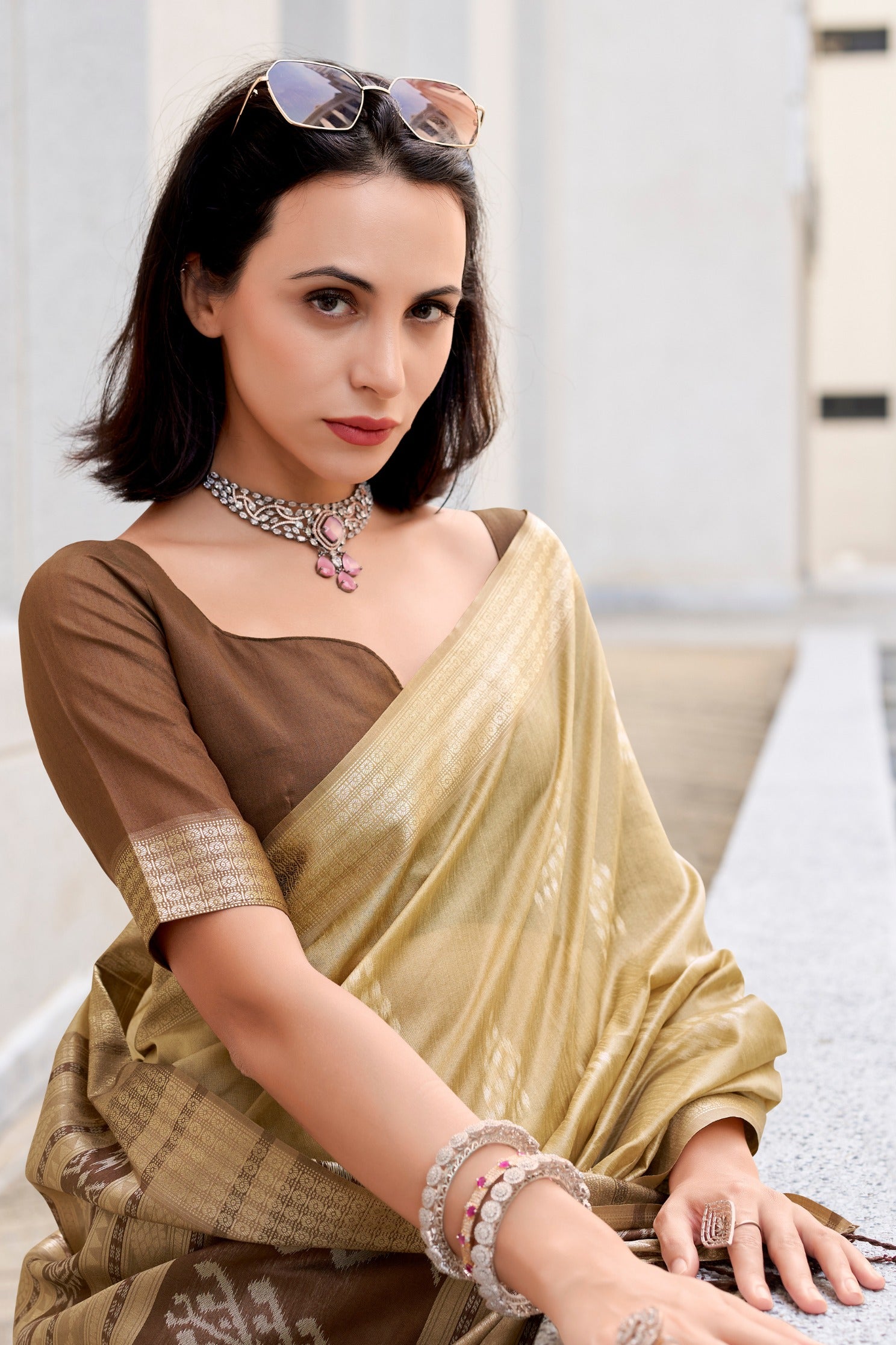 Buy MySilkLove Cashew Cream Ikkat Woven Banarasi Saree Online