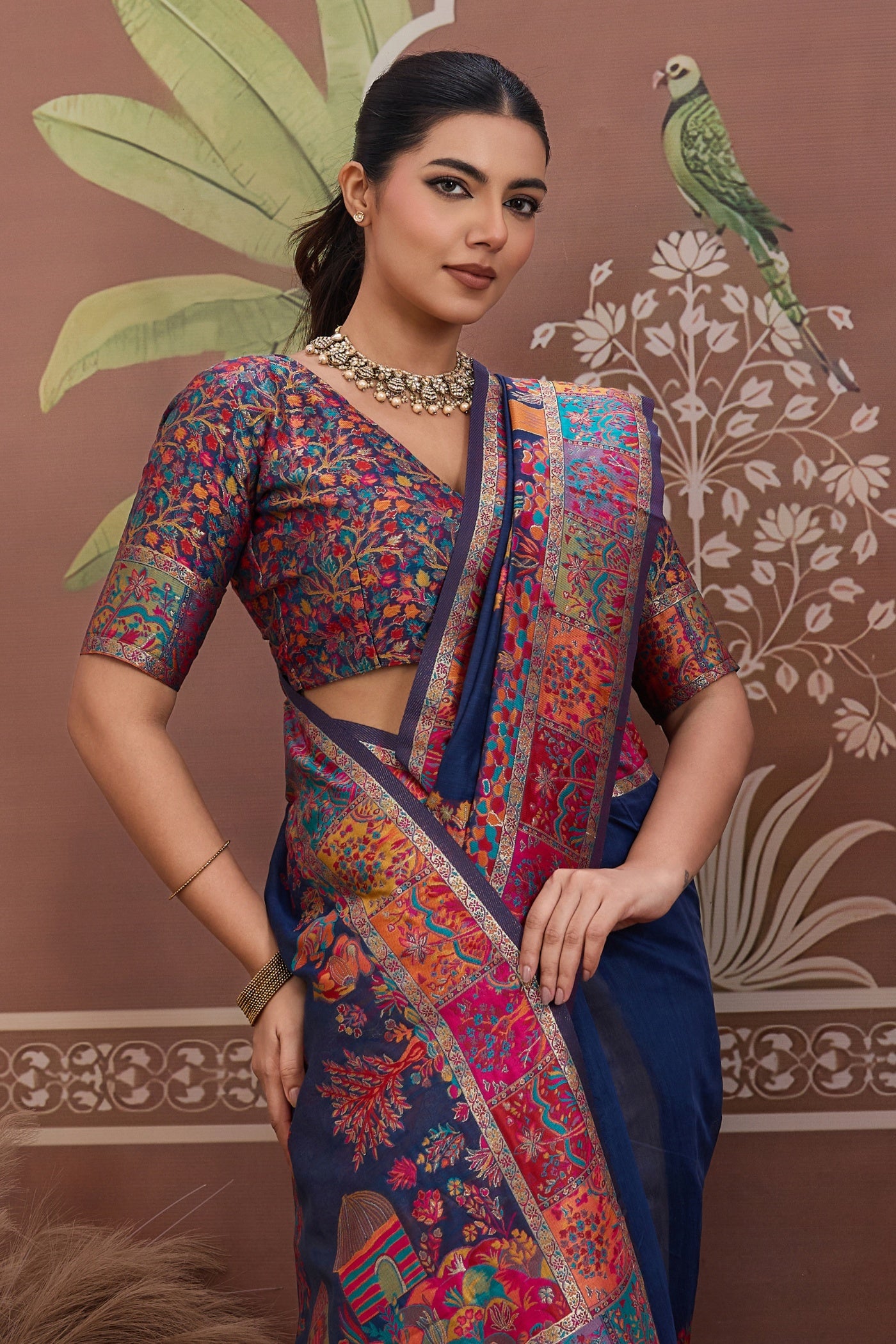 MySilkLove Navy Blue Kashmiri Handllom Jamewar Saree